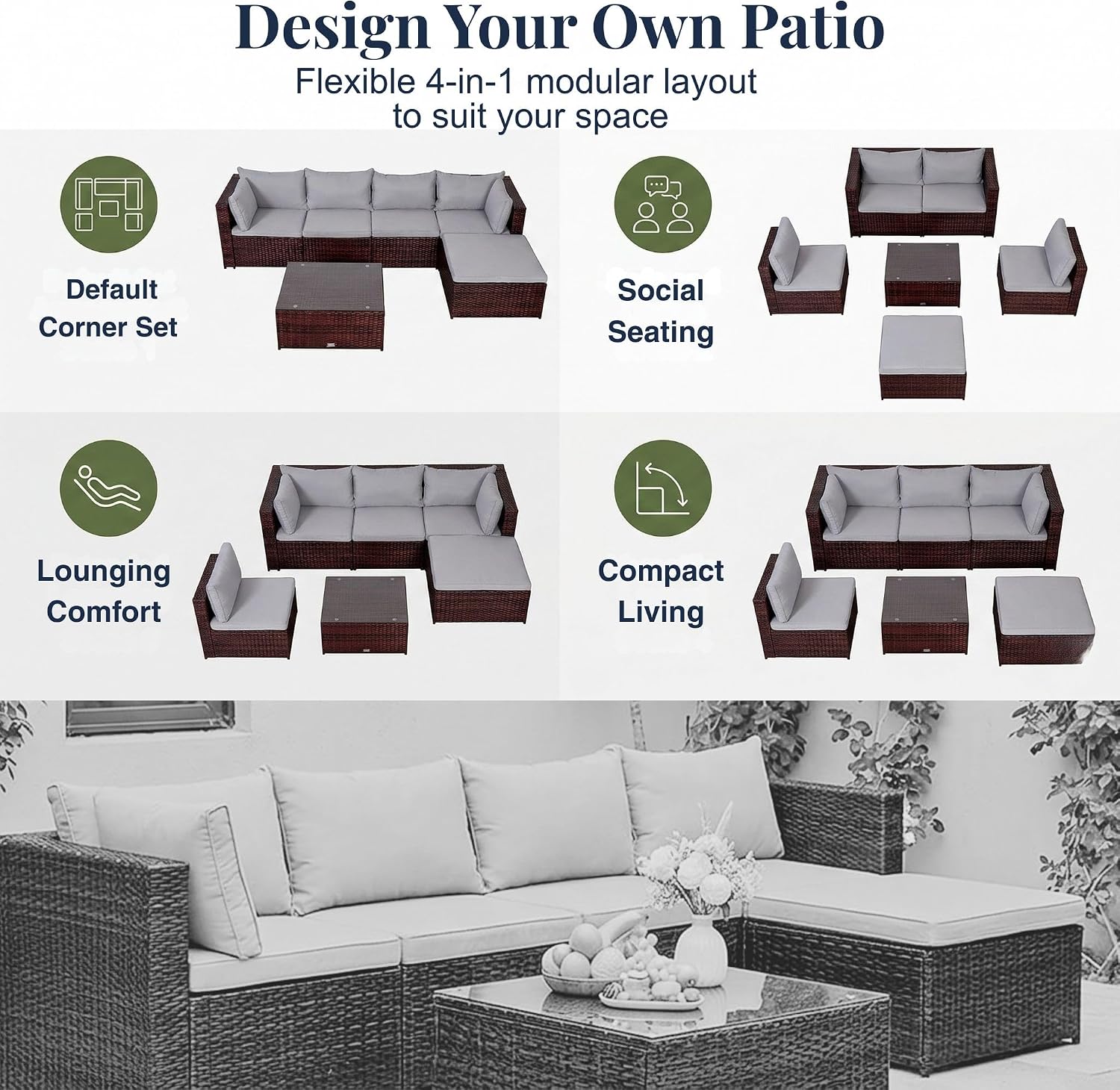 Thumbnail 5 de EVRE Miami Rattan Garden Furniture: 5‑Seat Corner Sofa Set with Glass Table and Cushions