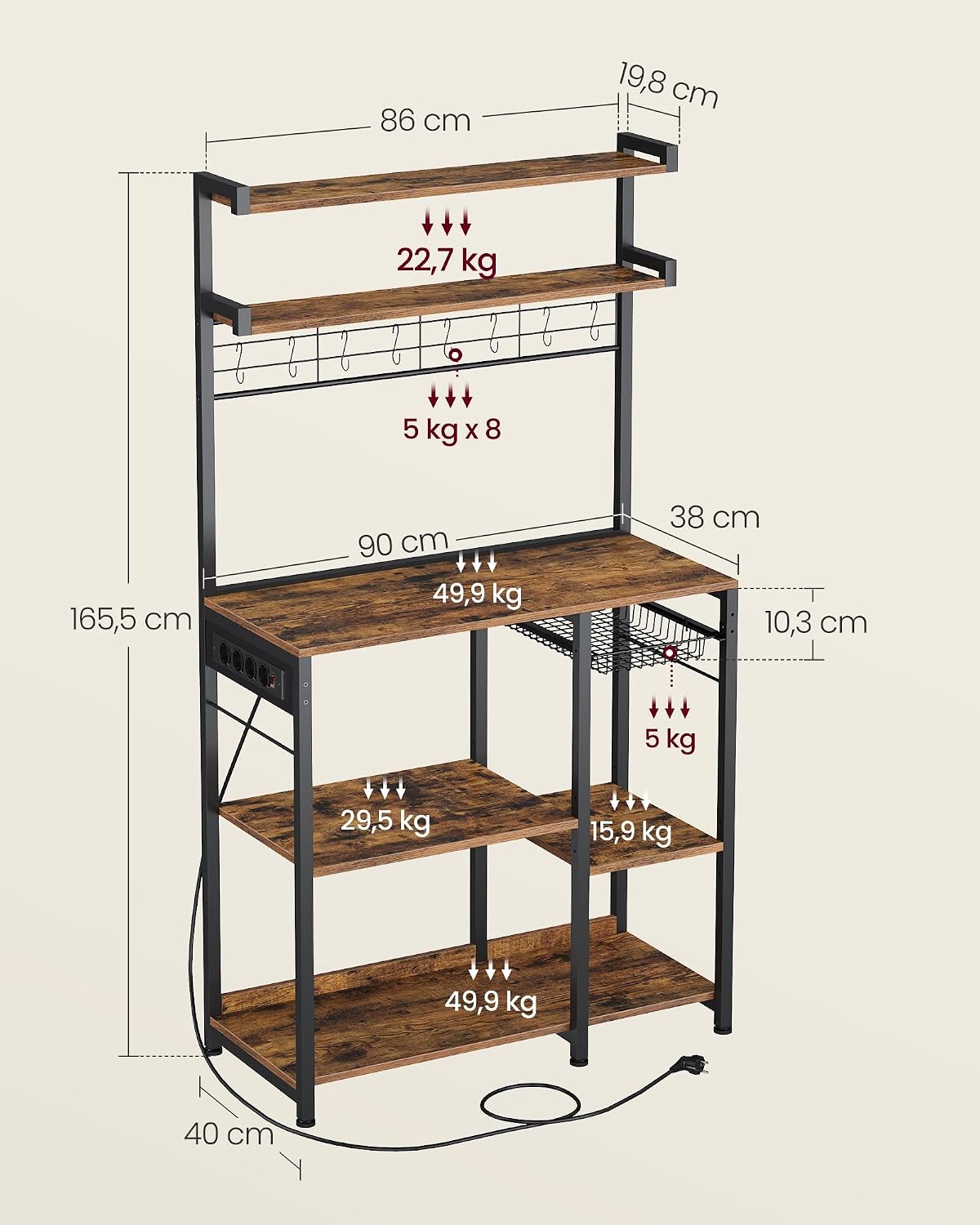 Detalle de VASAGLE KKS031K11 Scaffale cucina 40x90x165,5 cm