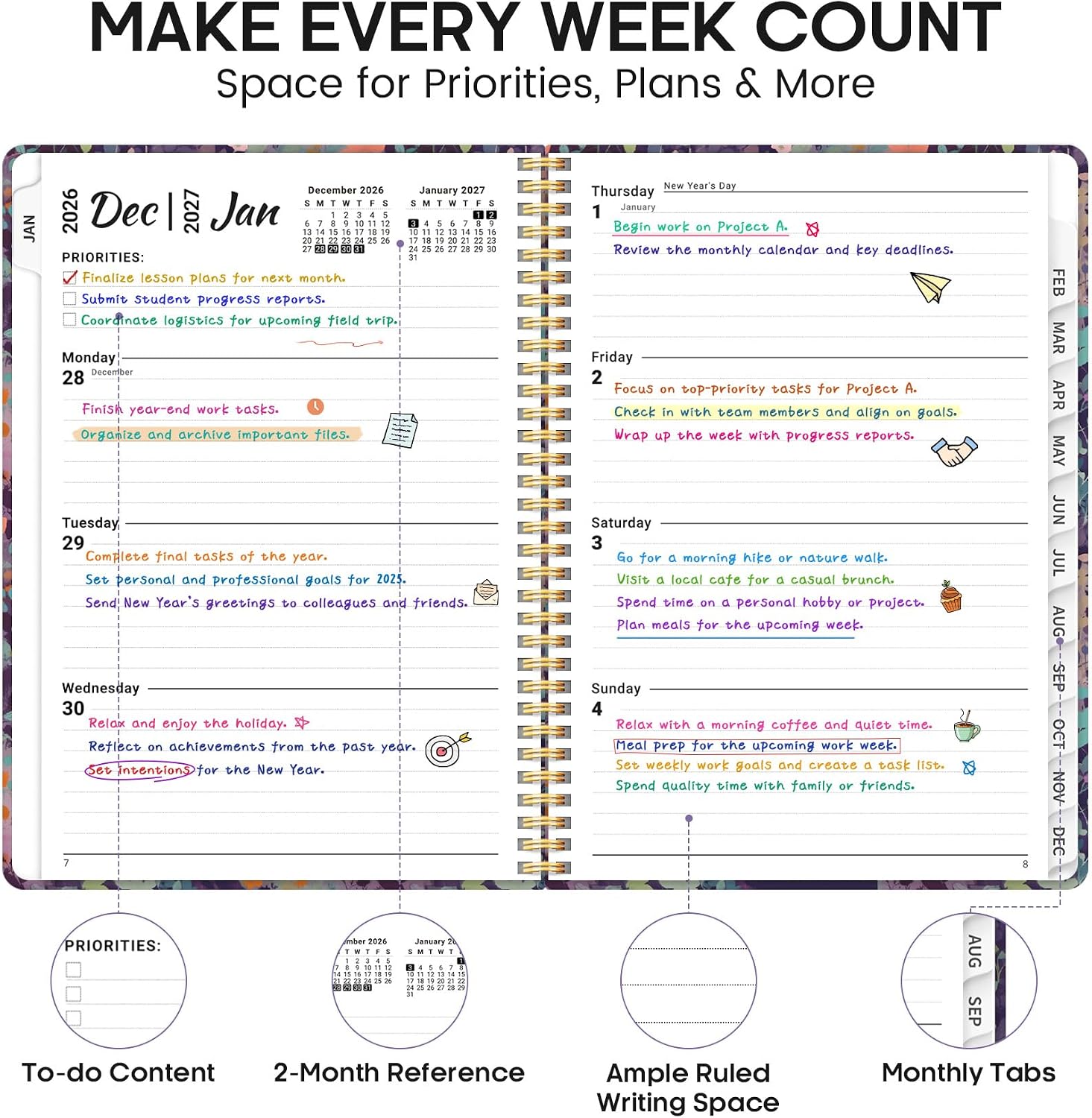 Thumbnail 2 de JEJEGO 2027 Weekly and Monthly Planner, Hardcover Spiral, Lavender Floral