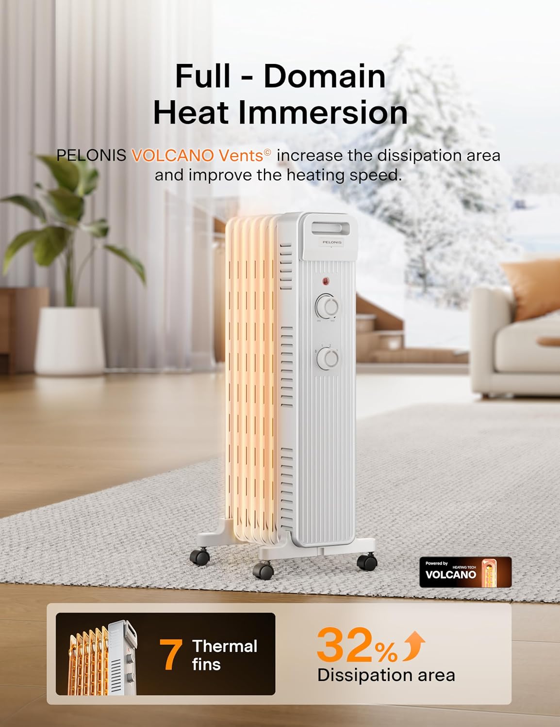 Detalle 2 de PELONIS PSHO15M2AUW Oil-Filled Radiator Heater, 1,500W, 3 Heat Settings