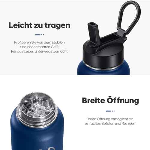 Detalle 2 de HydroPal 750ml Edelstahl Isolierflasche – Doppelwandig, mit Strohhalm und zwei Deckeln