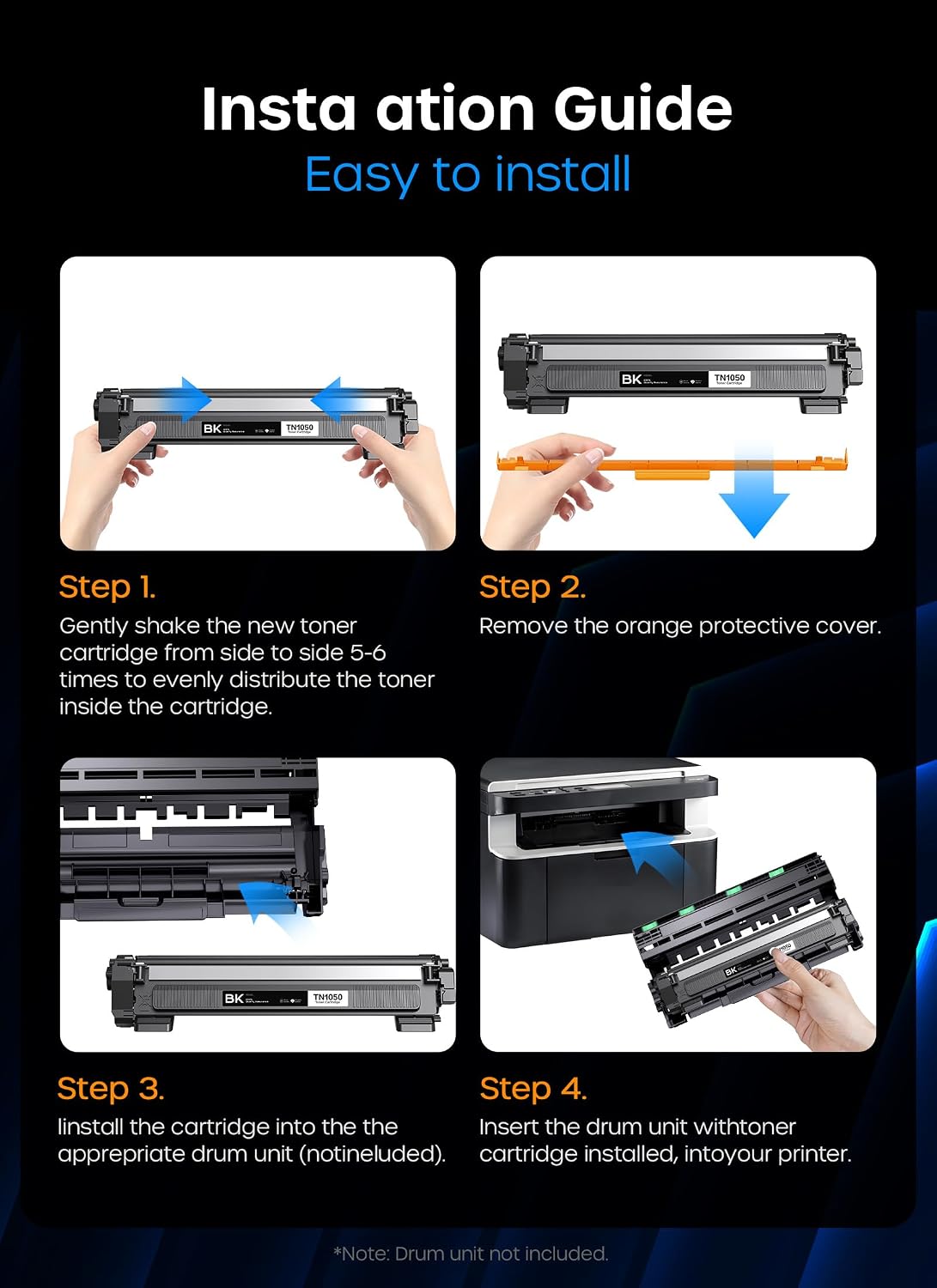 Detalle 2 de Timink TN1050 (TN-1050) compatible black toner cartridge – 2 pack for Brother TN1050 printers