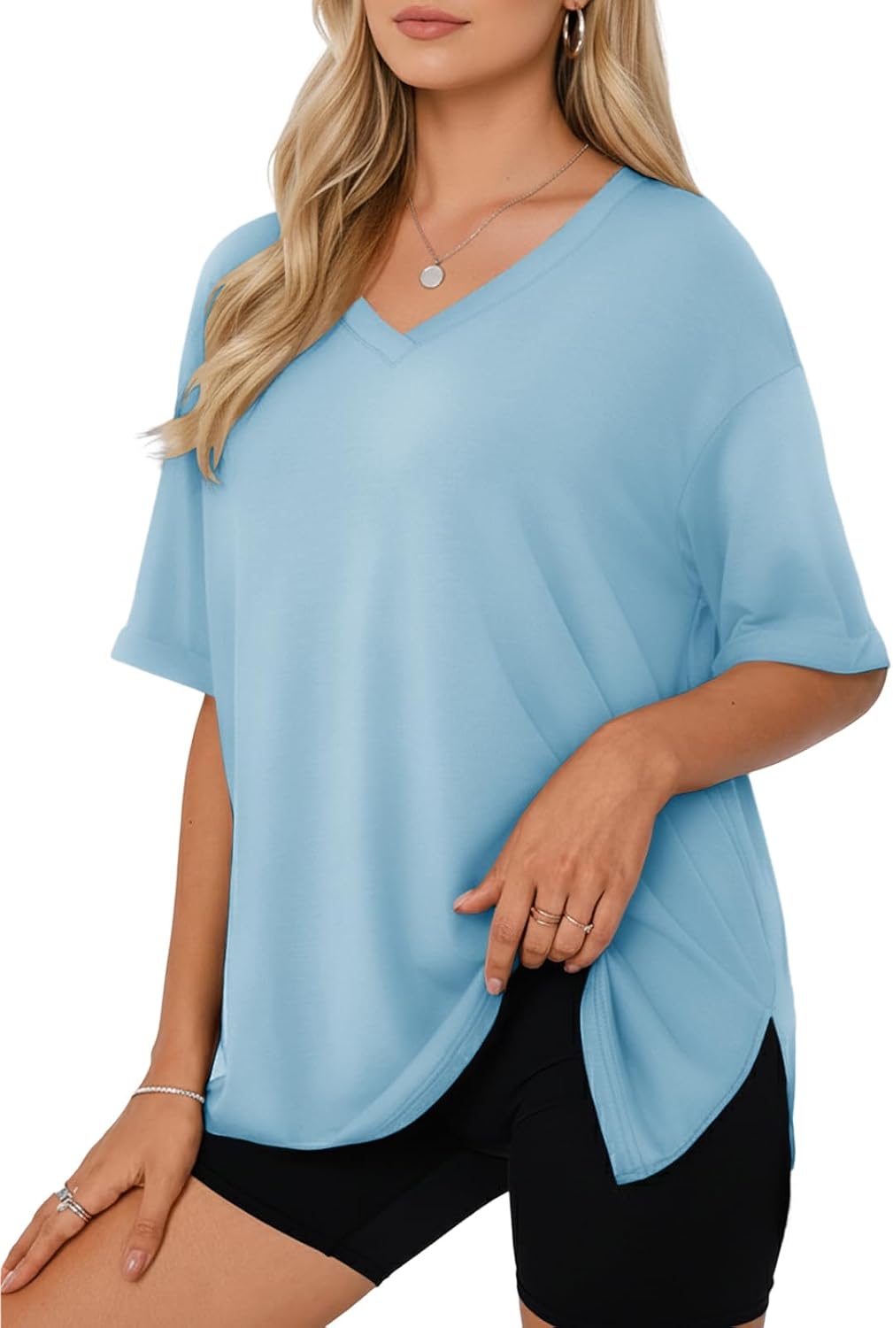 Detalle de Cuptacc Tee Shirt Femme Col V Été - T-Shirt Oversize à Manches Courtes