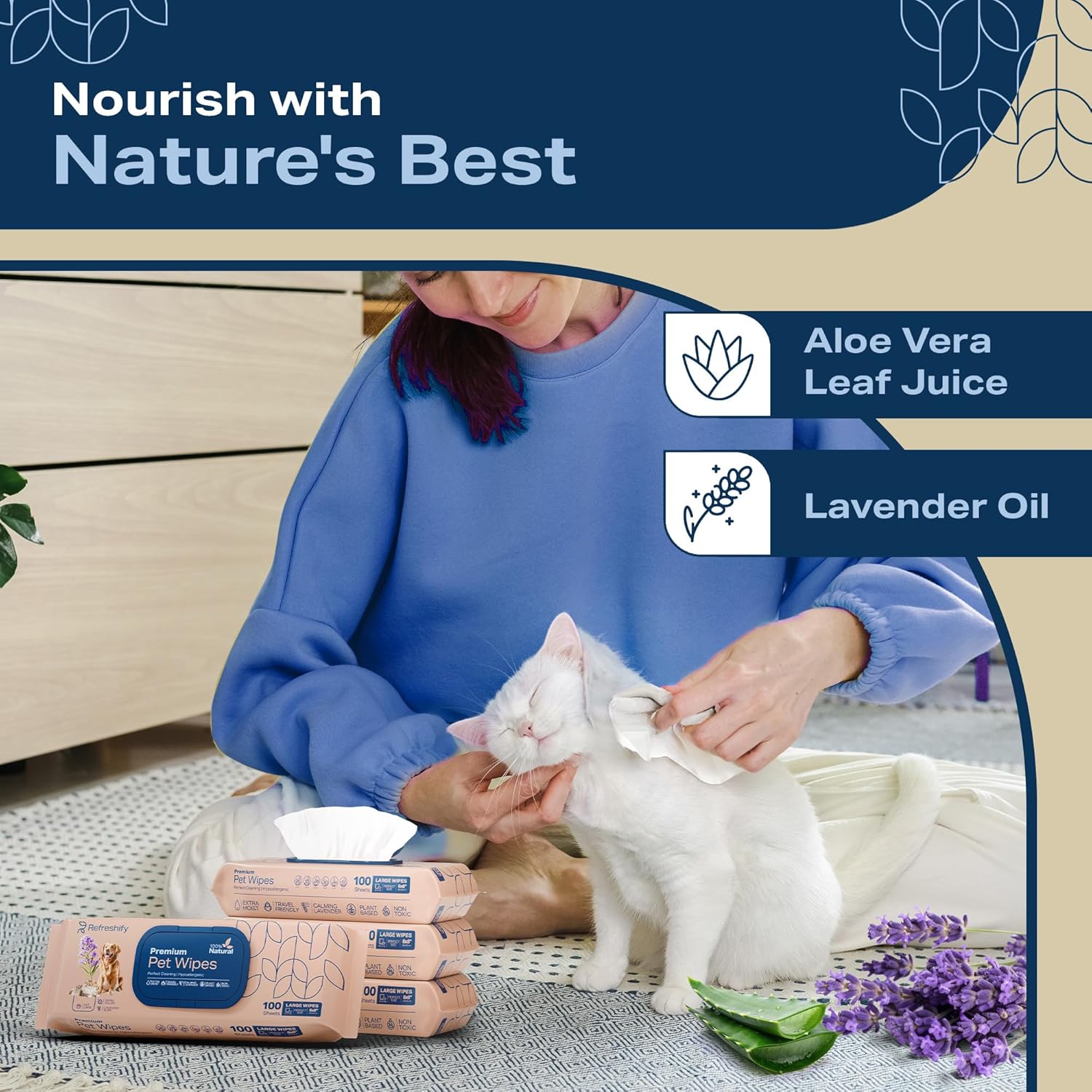 Detalle de REFRESHIFY Dog Wipes for Paws and Butt – Plant-Based Lavender Scented (Pack of 400) plus 12 Travel Wipes