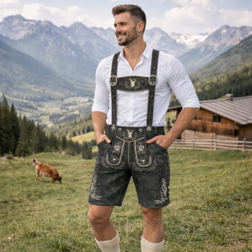 Detalle de PAULGOS Herren Trachten Lederhose HK3 + Träger, Echtes Leder, Größe 56, Grau
