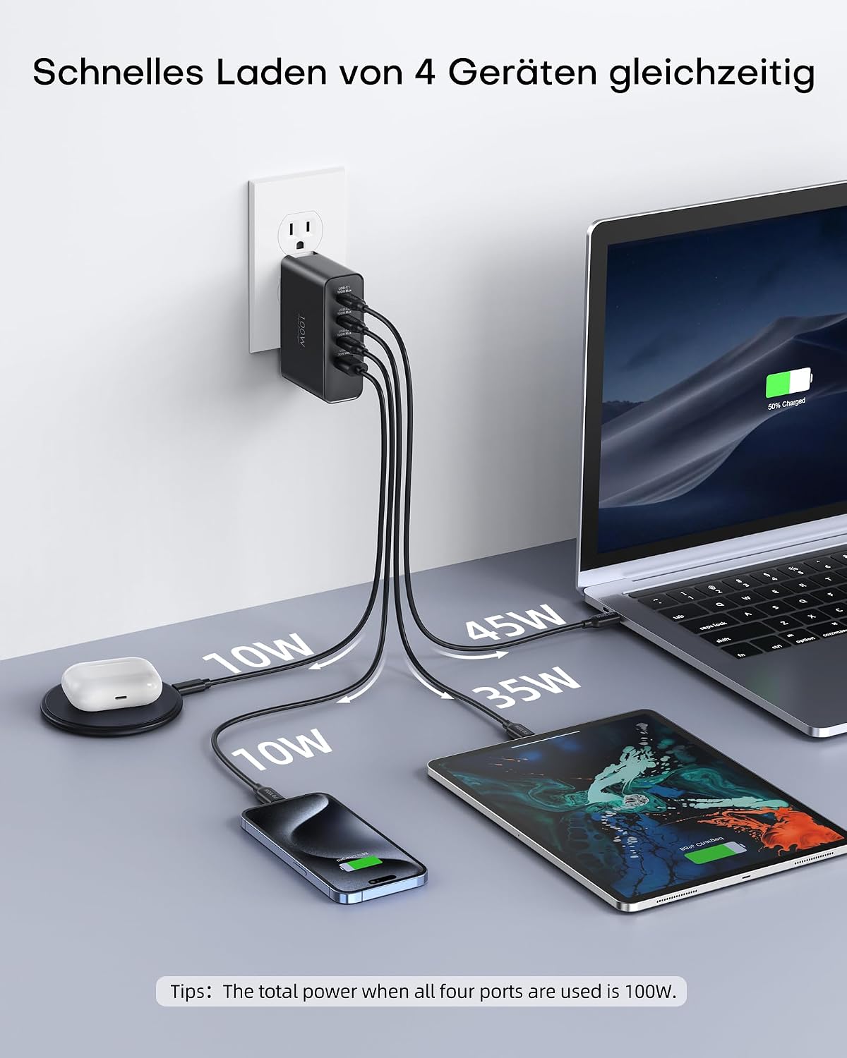 Detalle de 100W USB-C Travel Adapter mit 4 Ports – GaN-Ladegerät für Reisen (UK/EU/AU-Steckdosen)