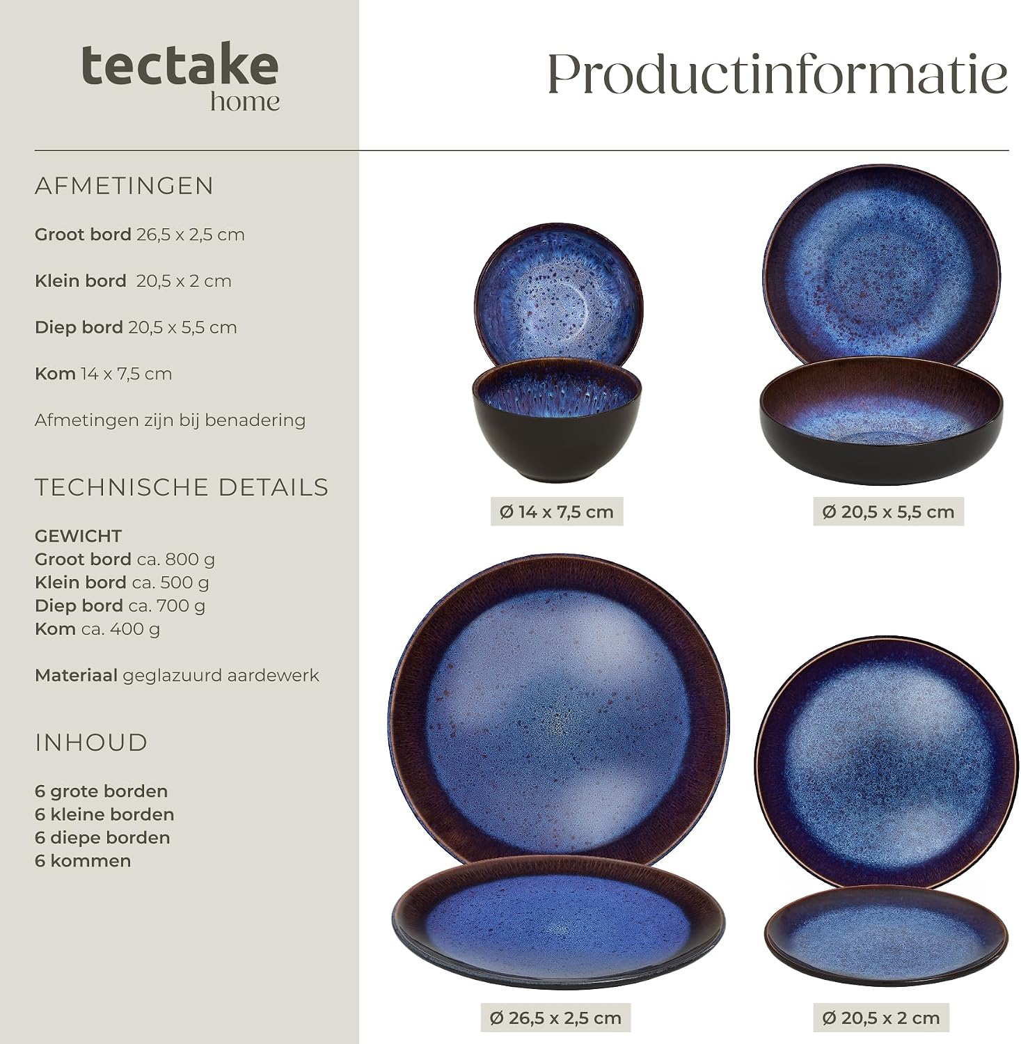 Detalle 2 de tectake Mare 406215 serviesset, 24-delig aardewerk voor 6 personen