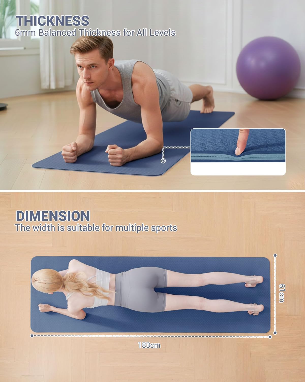 Detalle de Good Nite Gymnastikmatte / Yogamatte aus TPE mit Rutschschutz und Tragegurt – 183 x 61 x 0,6 cm