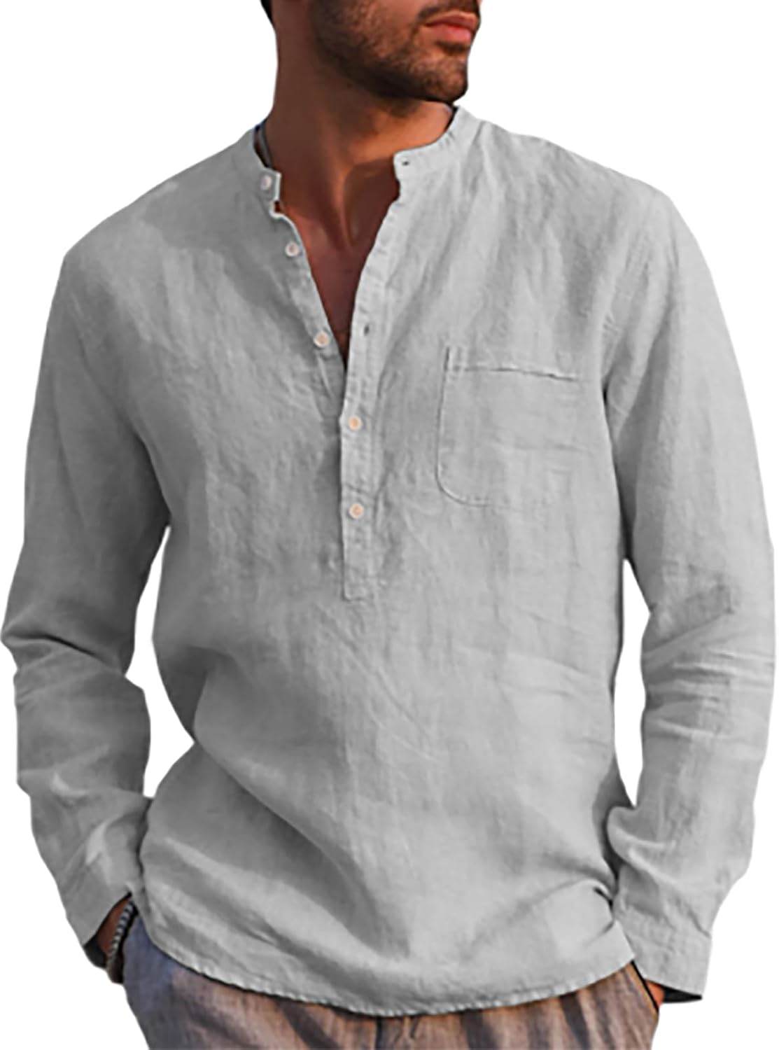 Thumbnail 6 de Runcati Herren Leinenhemd Langarm aus Baumwolle – klassischer Henley Kragen, Regular Fit