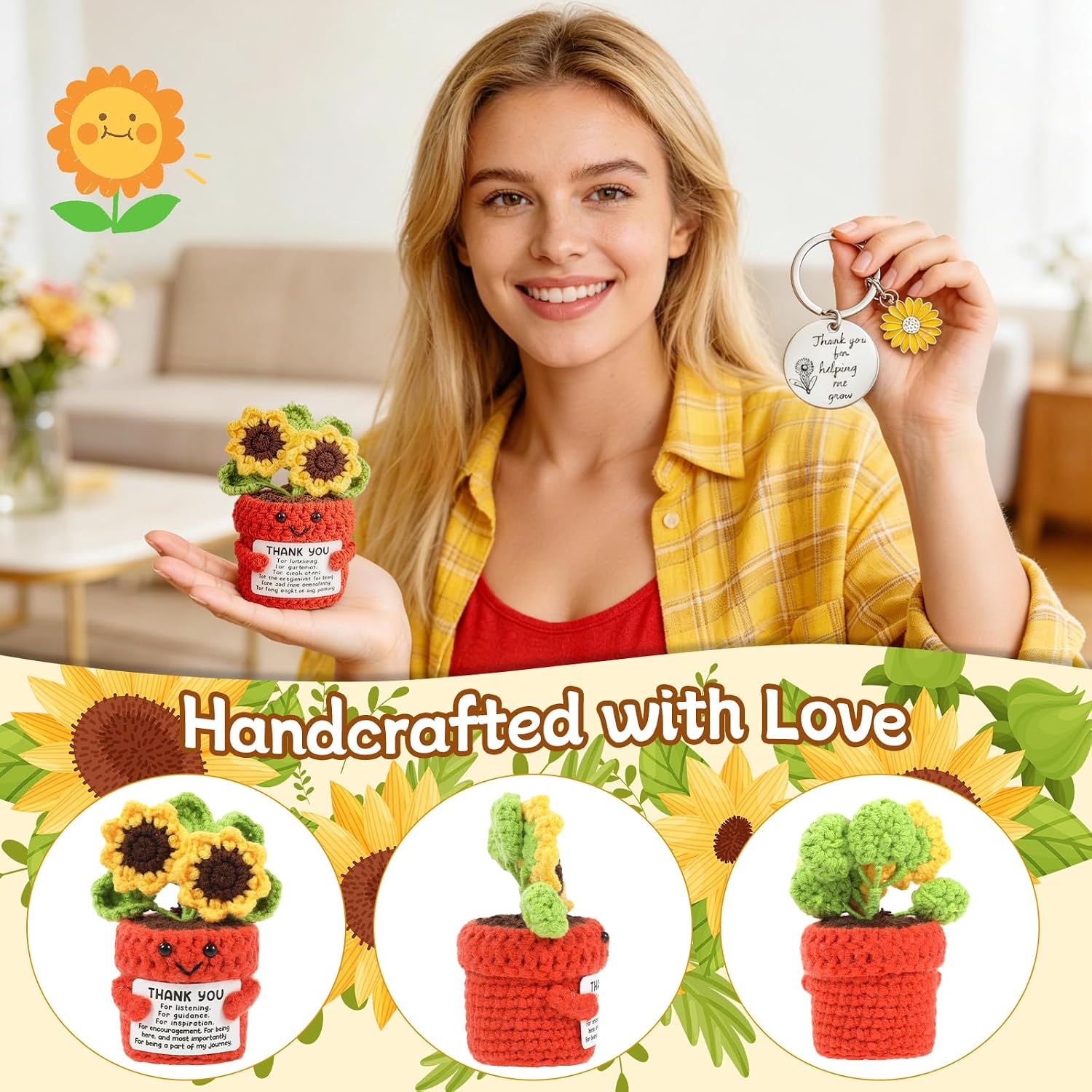Thumbnail 4 de Vspek Positive Crochet Sunflower Doll & Thank You Keyring — Handmade Gift for Teachers, Friends and Colleagues