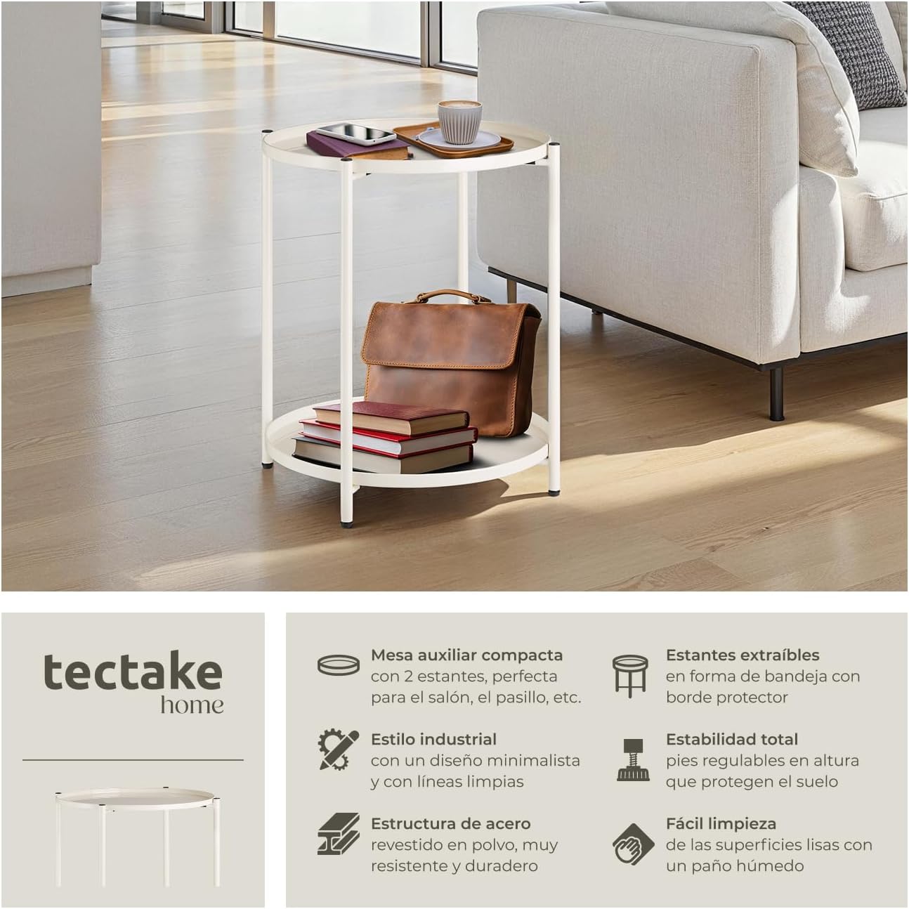 Detalle 2 de tectake Mesa Auxiliar Redonda 45,5 cm