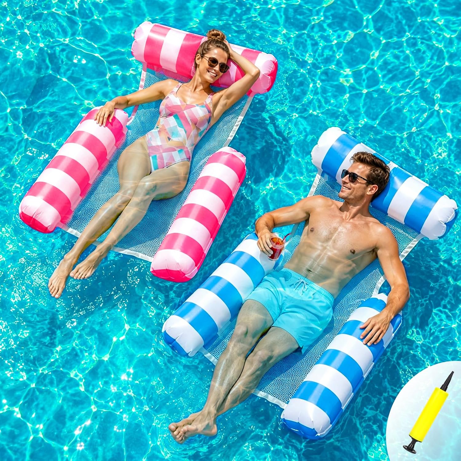 Wudyfei 4-in-1 Inflatable Pool Chair (2 Pack) – Blue & Red, Air Pump Included