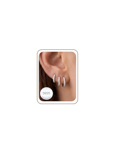 Detalle de Aretas Sterling Silver Hoop Earrings Set – 3 Pairs (12/14/16mm) Hypoallergenic with Cubic Zirconia