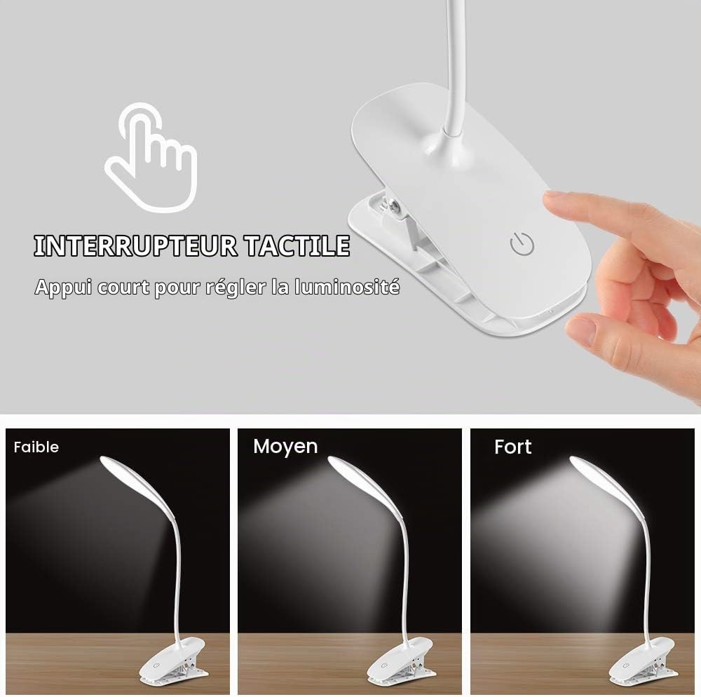 Detalle de URAQT LED-klemlamp met USB-oplaadbare batterij, 3 lichtstanden en flexibele hals