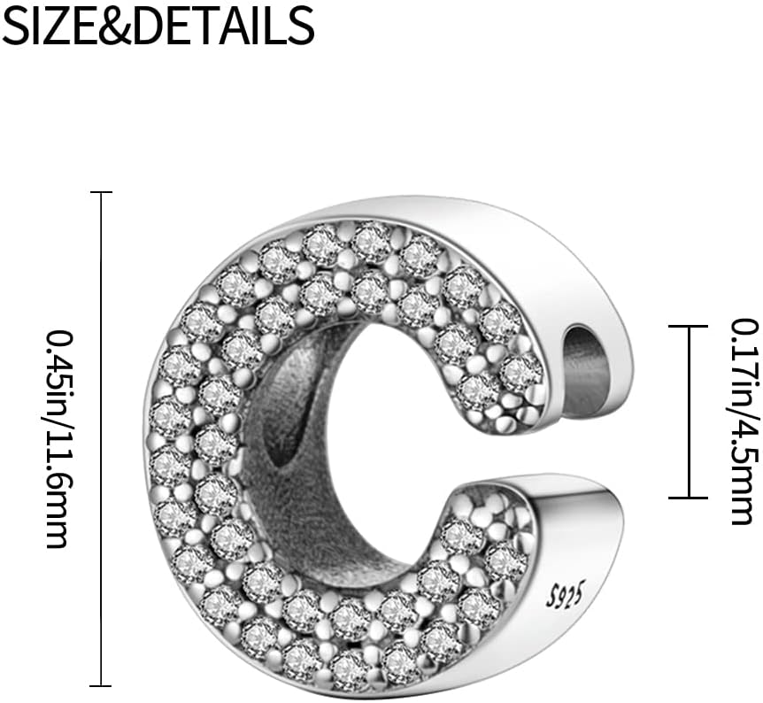 Detalle 2 de TINSLO Ciondolo Bead Argento Sterling 925 Lettere con Cubic Zirconia, Compatibile con Pandora e braccialetti europei