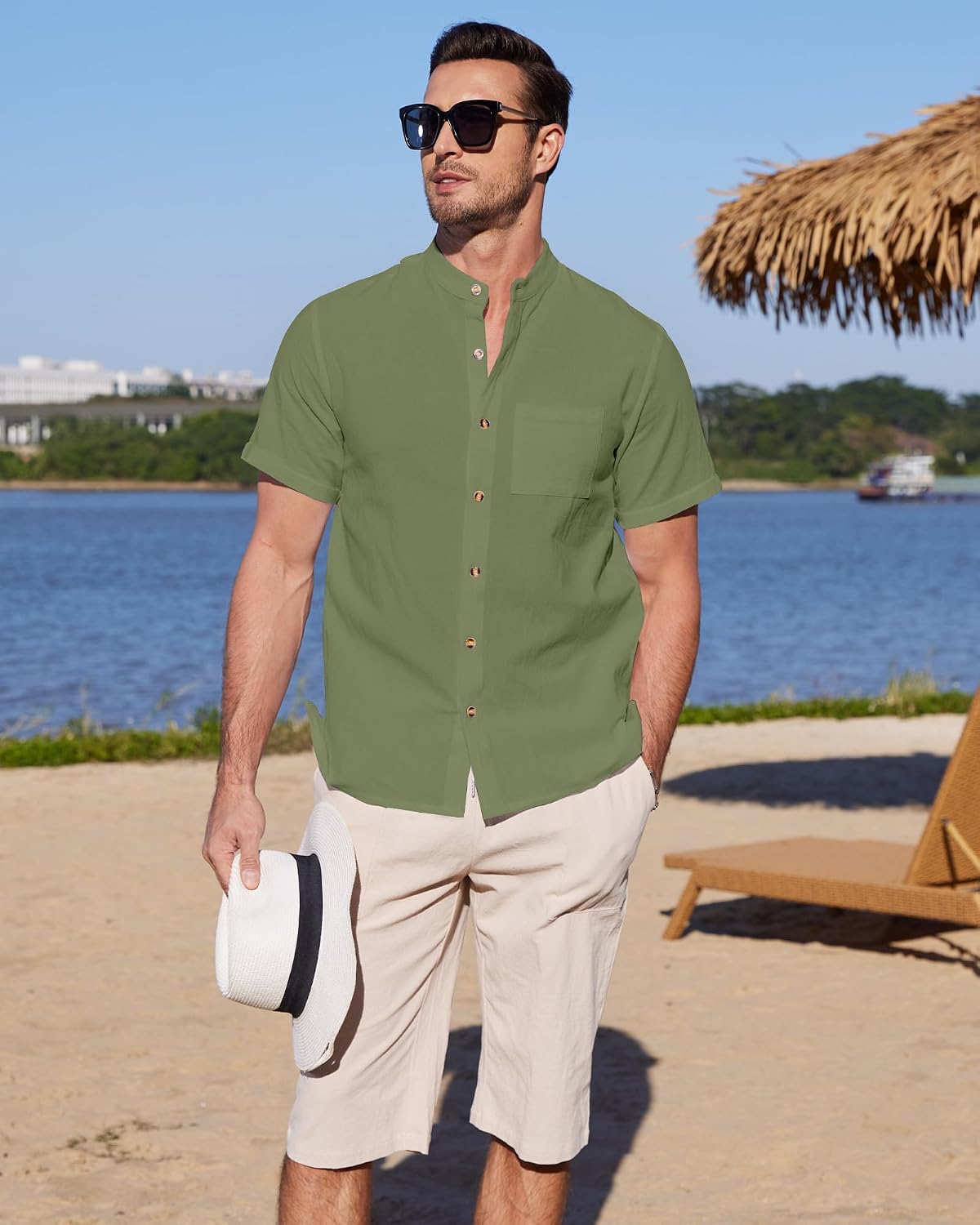Detalle de YAOBAOLE Chemise en lin et coton pour homme à manches courtes, boutons et col mao