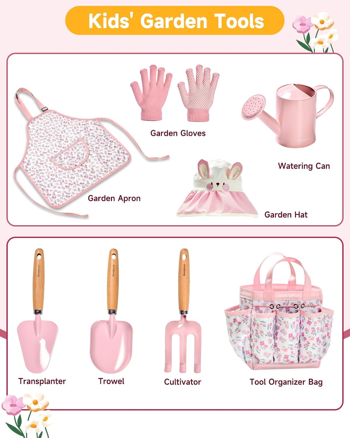 Detalle de Seedypop Kids Gardening Tool Set Toys – 8-Piece Garden Kit with Real Wood Tools, Hat, Apron, Gloves & Storage Bag (Pink Flower)