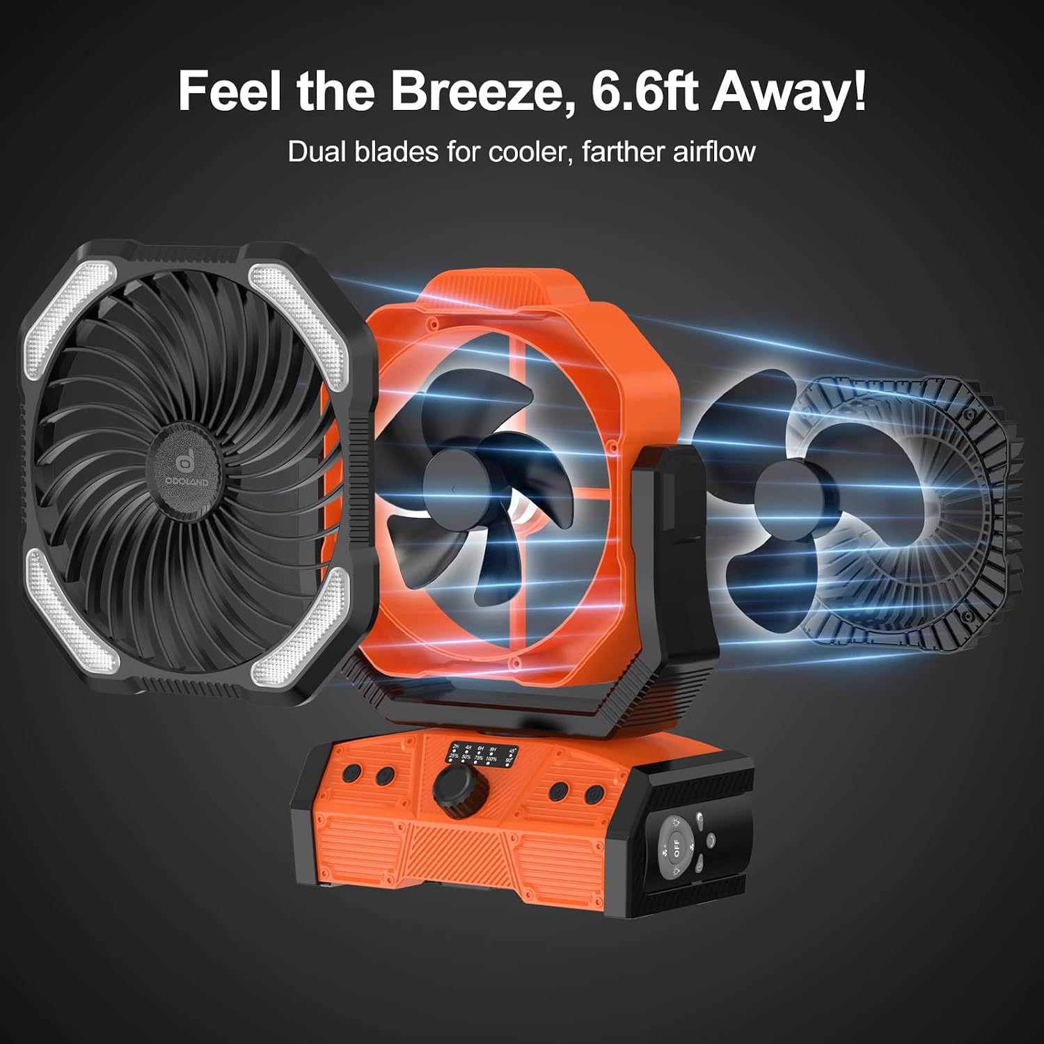 Detalle de Odoland 40000mAh Camping Fan with LED Light — Battery-Operated Oscillating Desk Fan with Remote, Hook, and Tent Light