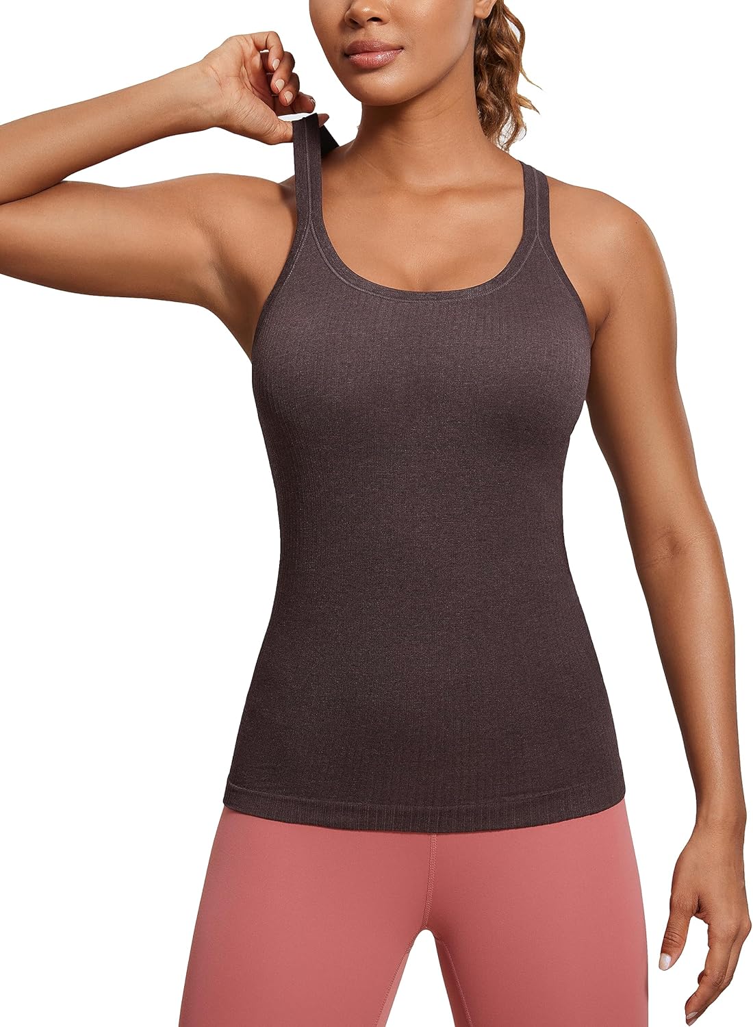Detalle de CRZ YOGA Femmes sans Couture Côtelé Rembourré Y-Back Réservoir Hauts avec Soutien-Gorge Intégré