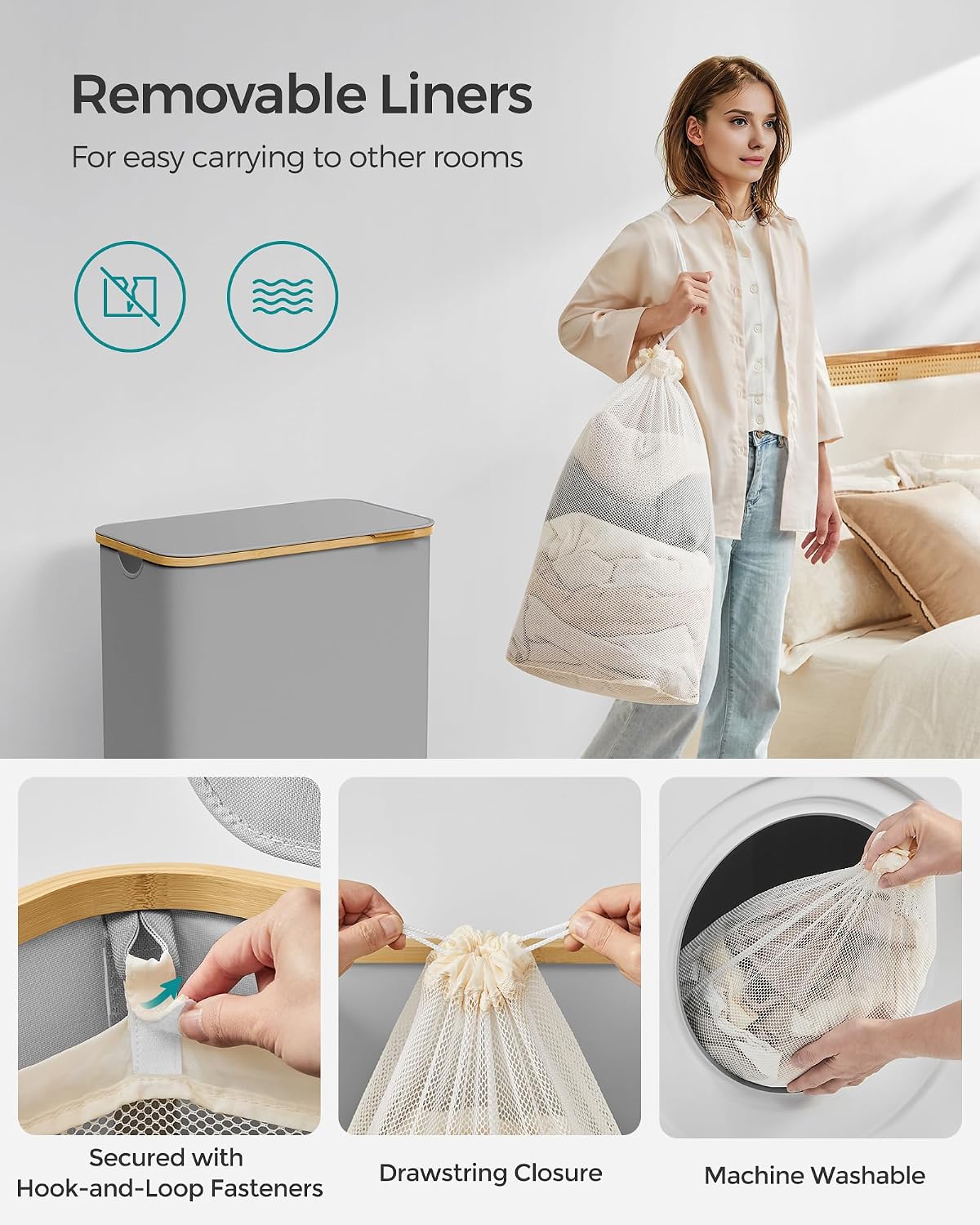Detalle 1 de SONGMICS LCB513G01V1 130L Laundry Basket with Lid, Two Compartments