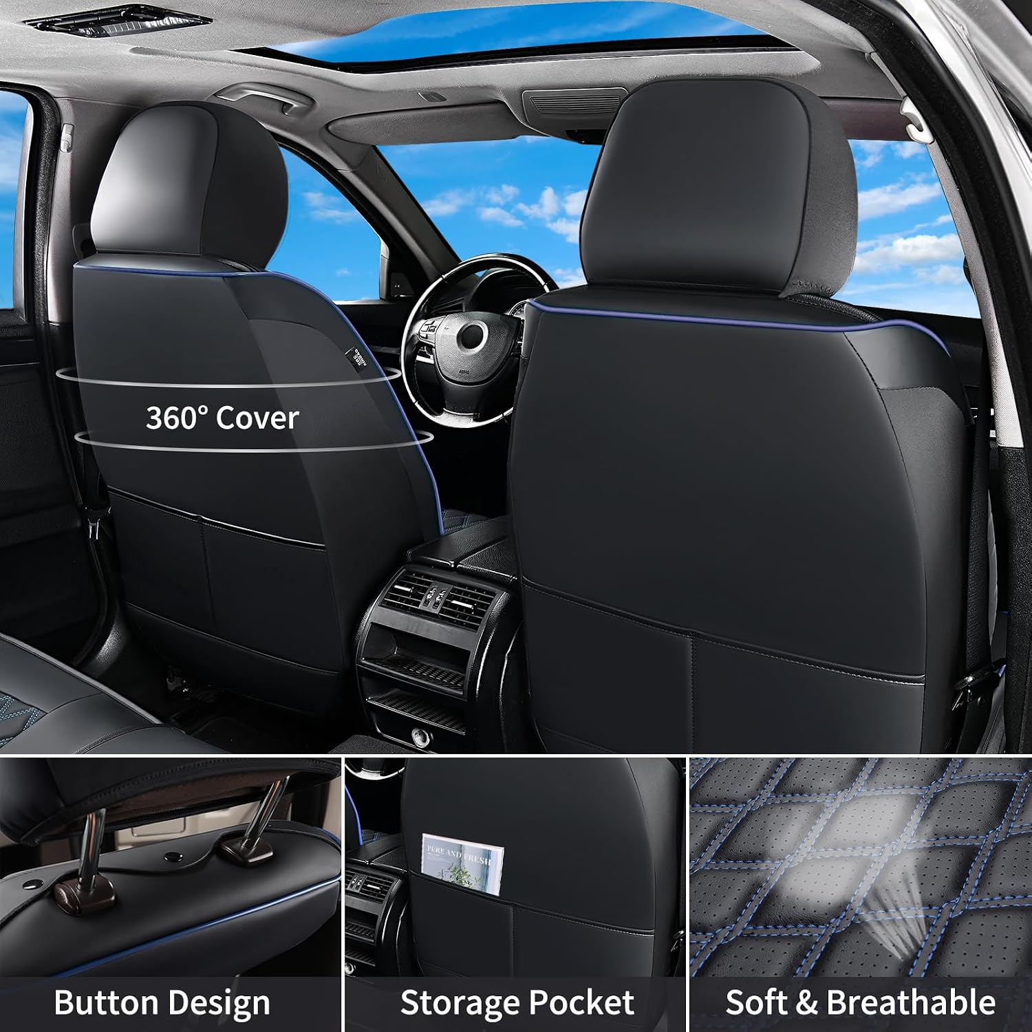 Detalle de Huidasource Faux Leather Front & Rear Truck Seat Covers for 2015-2025 Ford F-150 SuperCrew and 2017-2025 F-250/F-450 Super Duty Crew Cab (Black & Blue, Full Set)