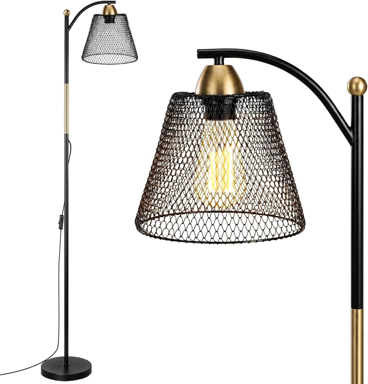 Detalle de OUSFOT Lampada da Terra E27 230V – Nero e Oro, 40W, stile Industriale per Uffici, Soggiorni e Camere (Senza lampadina)