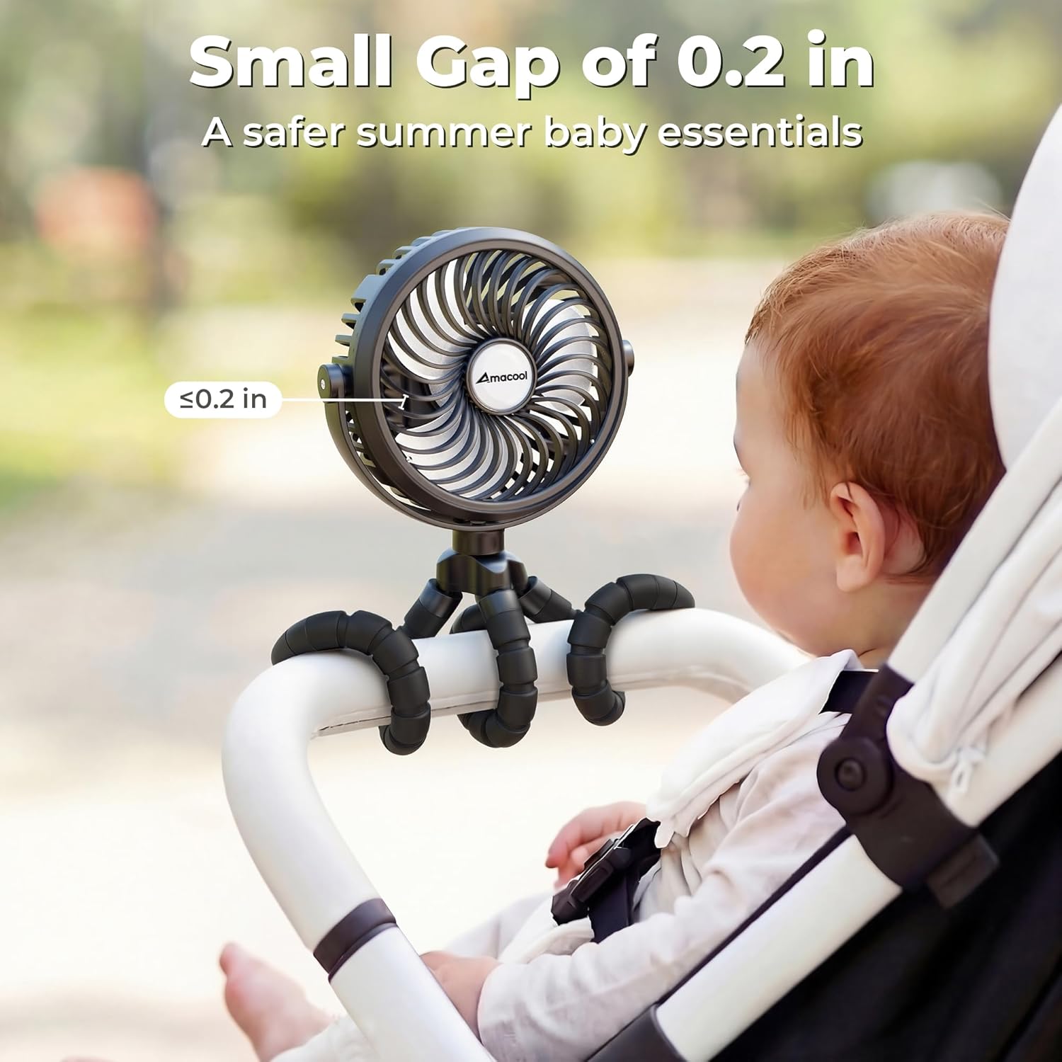 Detalle 2 de AMACOOL Pram Fan (Battery Operated) Clip-On with Flexible Tripod, 3 Speeds & Rotatable Head – Black