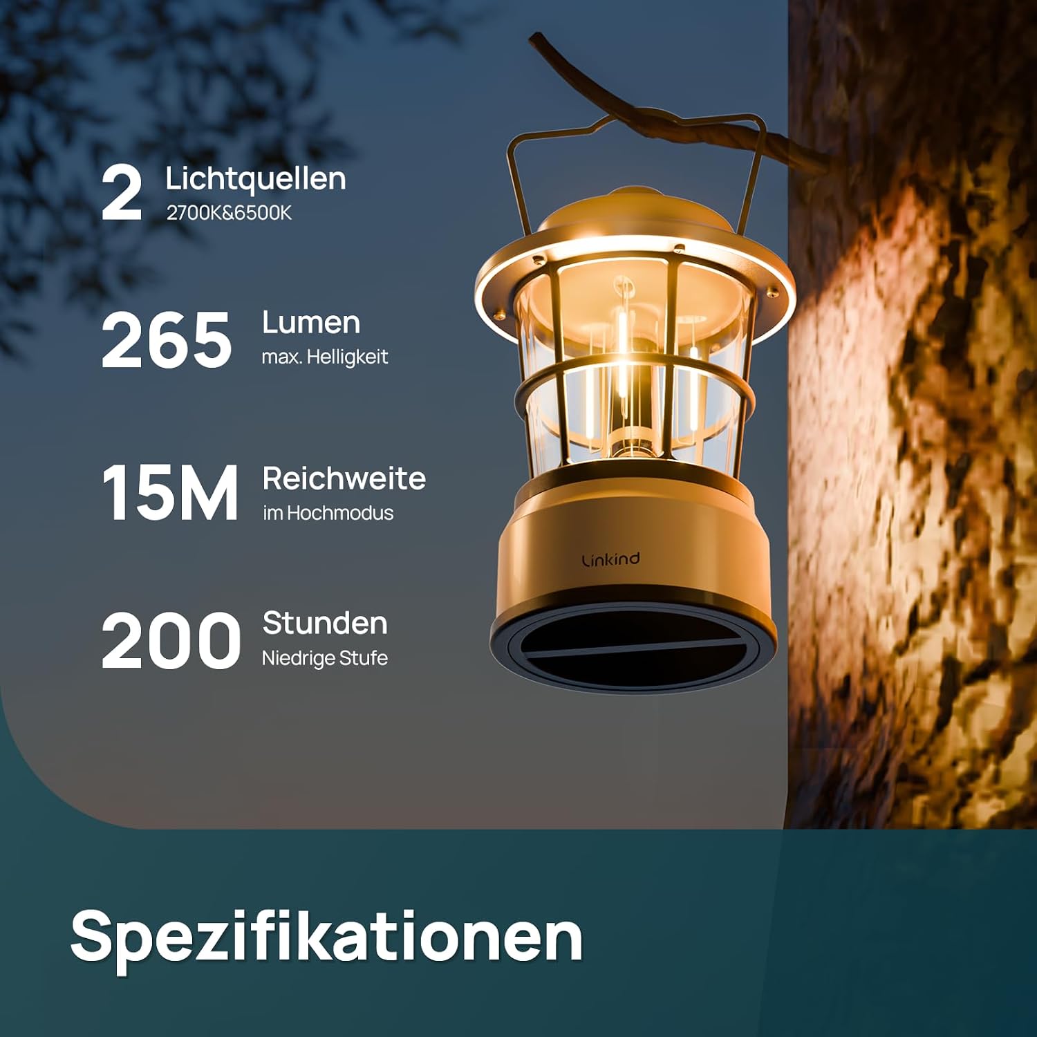 Detalle de Linkind CL1 LED Campinglampe dimmbar – 2er-Set, Vintage-Design, IP44, 200 Std. Warmlicht
