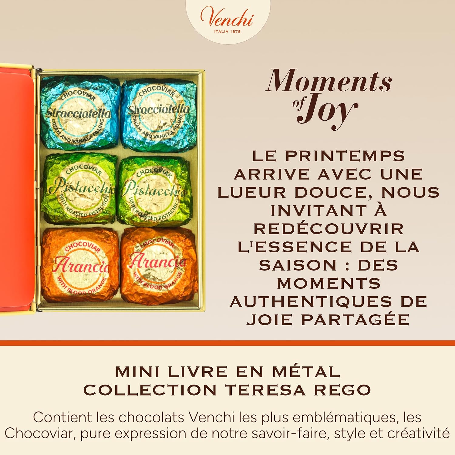 Detalle de Venchi Mini Livre en métal avec 6 chocolats Chocoviar assortis (117 g) – Collection Printemps Teresa Rego