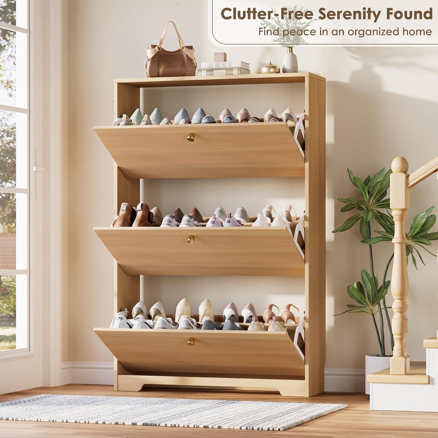 Detalle 1 de Nicetree NT-SC004 Shoe Storage Cabinet, Natural Oak, 3 Flip Drawers