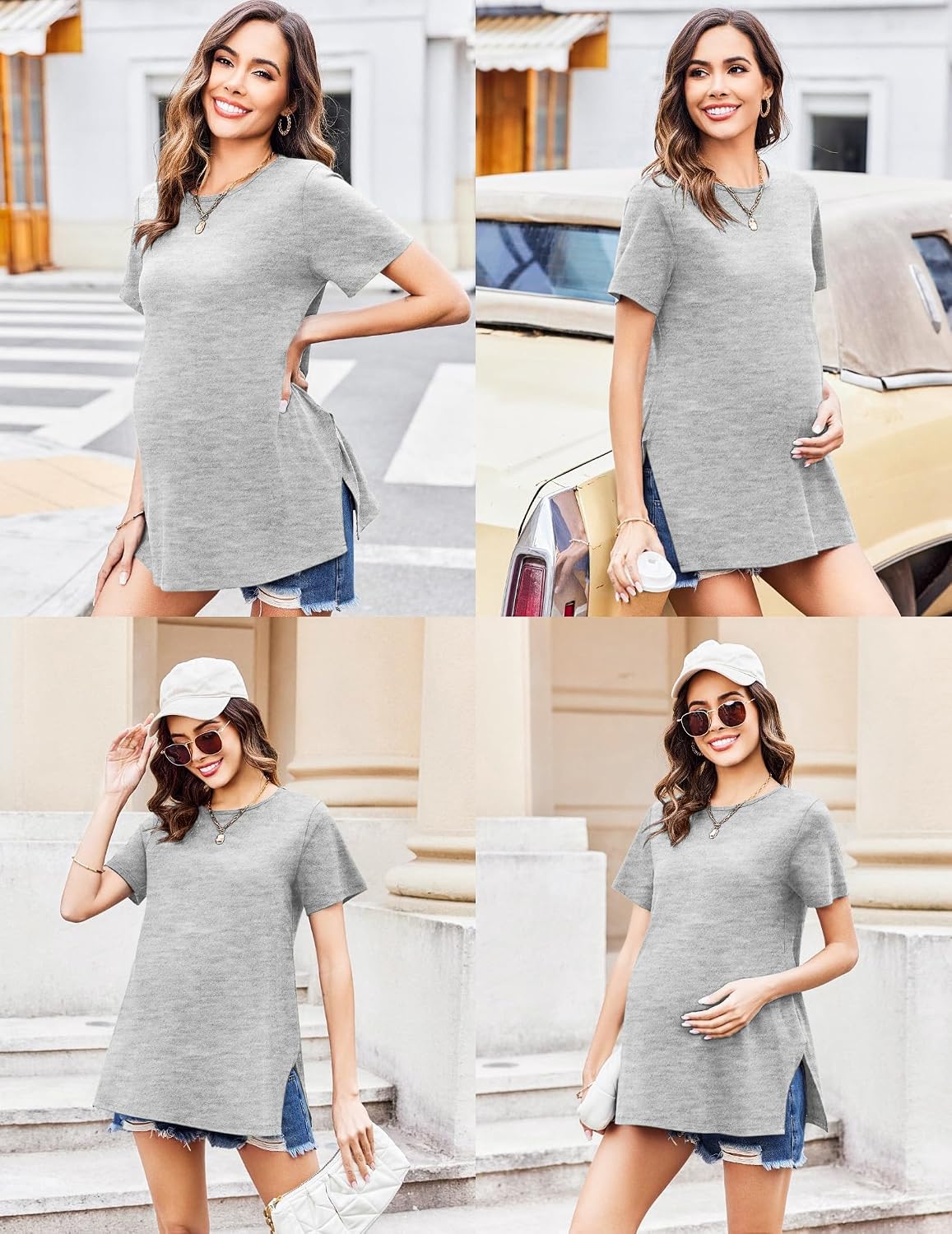 Detalle de Ekouaer 3 Pack Women’s Oversize Maternity T-Shirts – Basic Short Sleeve Tops with Side Slits