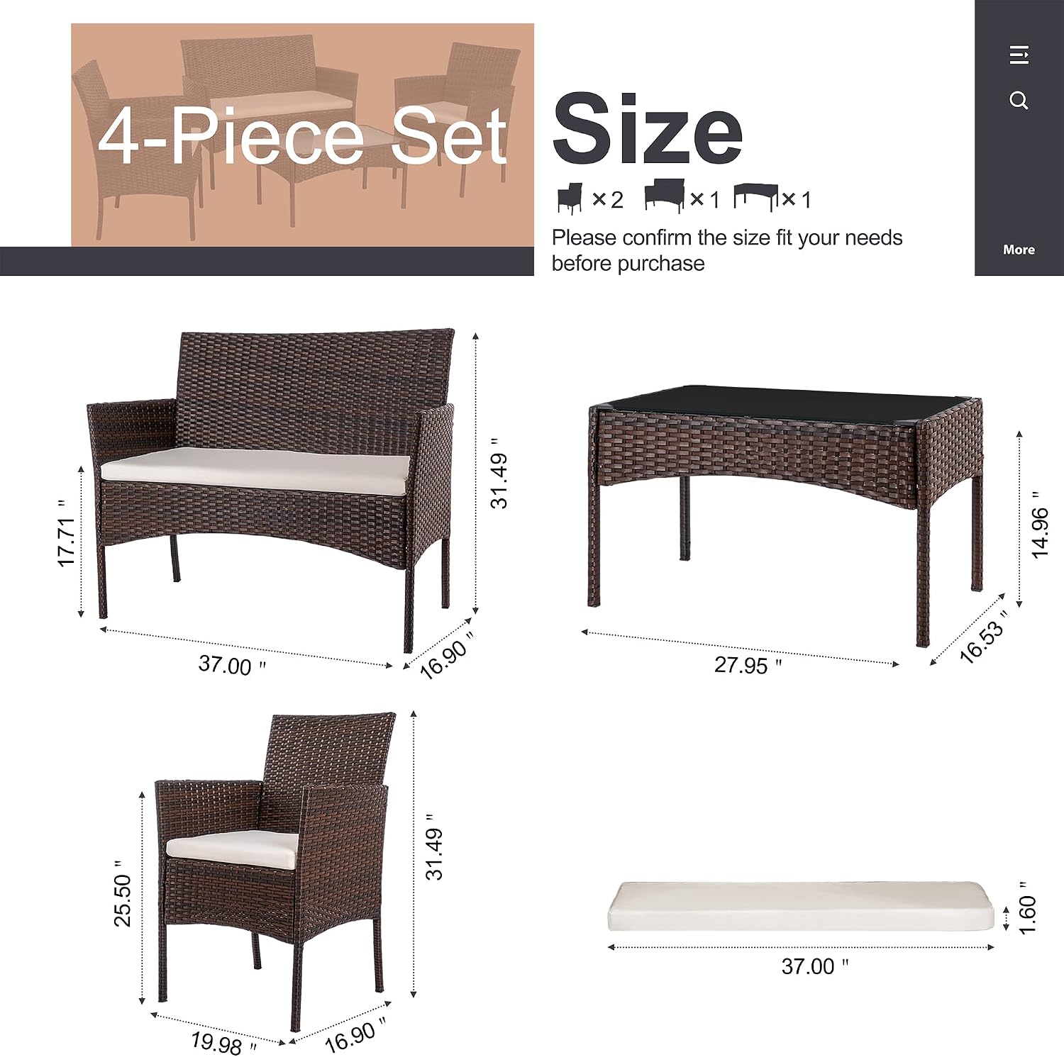 Detalle 2 de Shintenchi BY4VN 4-Piece Patio Furniture Set with PE Wicker and Glass Table