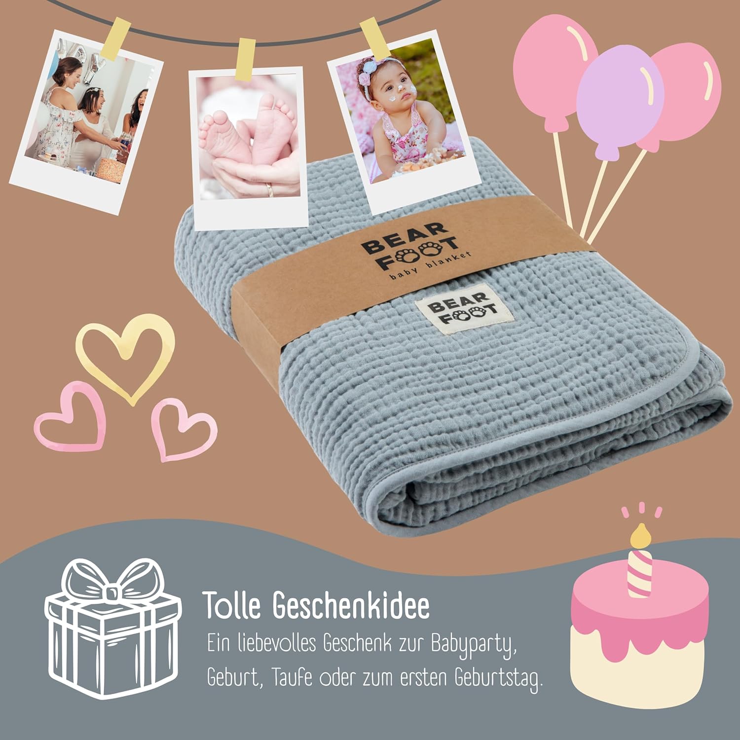 Thumbnail 4 de BEARFOOT Babydecke aus Musselin & Fleece – Cloud Grey, 2-seitig (Baumwolle/Fleece)