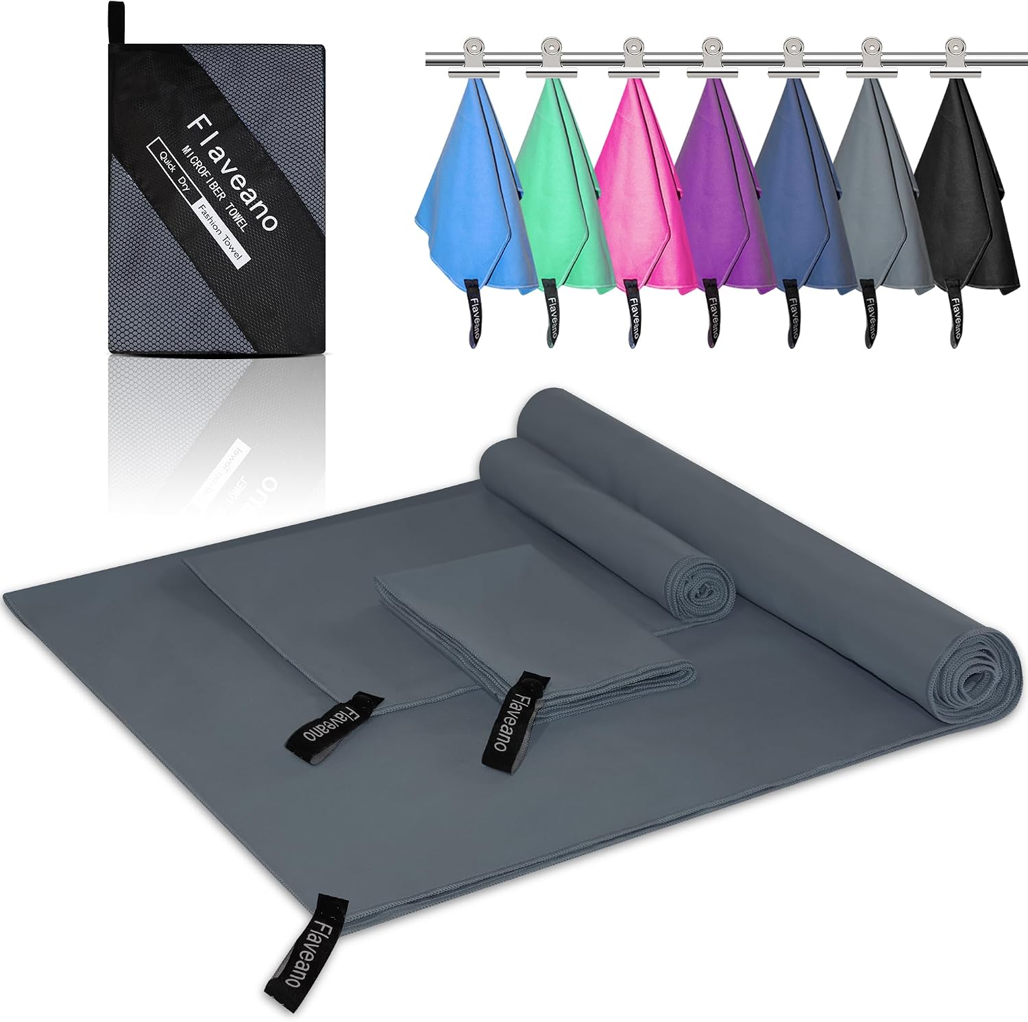 Detalle de Flaveano Microfibre Towel Travel Set of 3 (180x90cm, 80x40cm, 50x30cm) – Quick-drying, Dark Grey