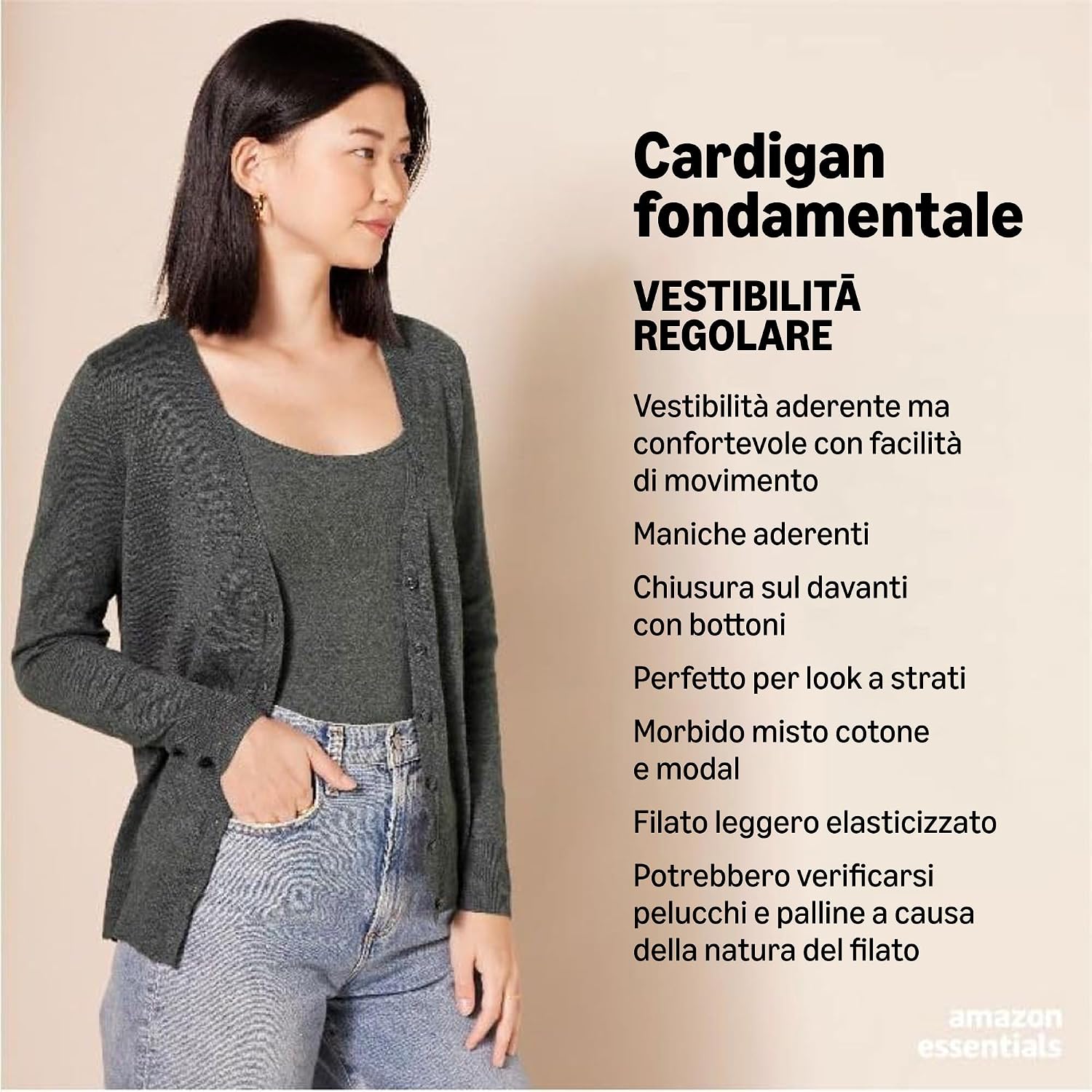 Detalle 2 de Amazon Essentials cardigan leggero da donna con girocollo e bottoni