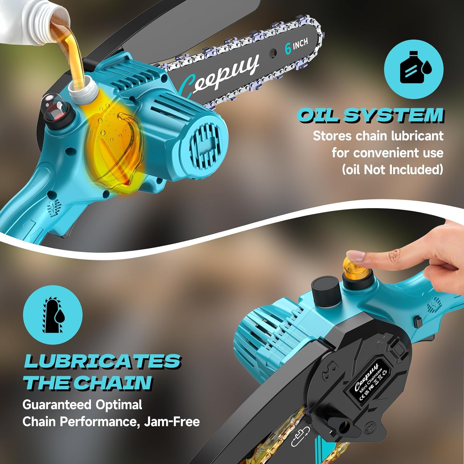 Detalle de Mini motosierra a batería CEEPUY de 6 pulgadas (2×4000mAh) con engrase automático