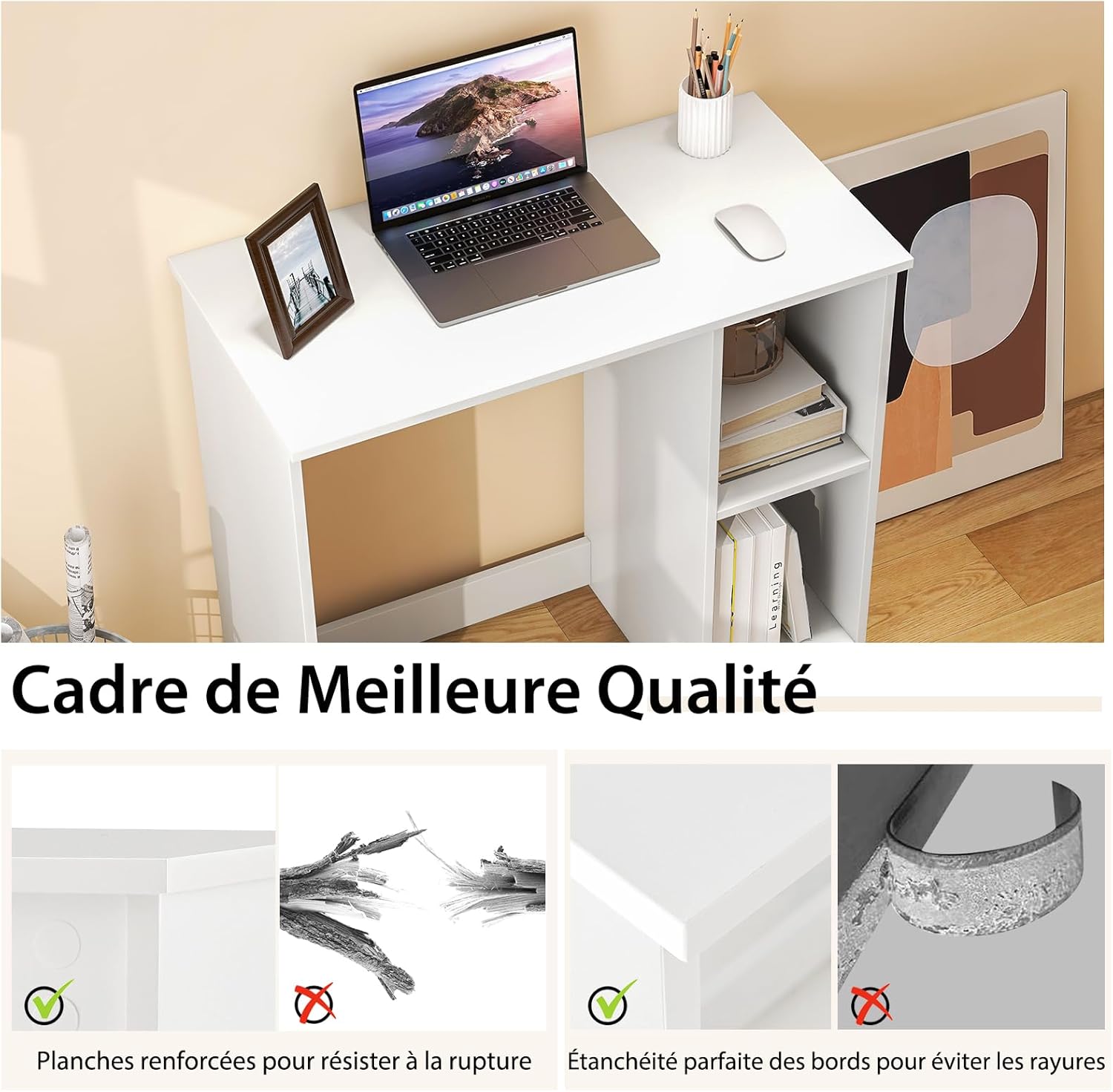Thumbnail 6 de COSTWAY Bureau d'Ordinateur — Table de Travail compacte 80 cm, rangement à 2 niveaux, blanc