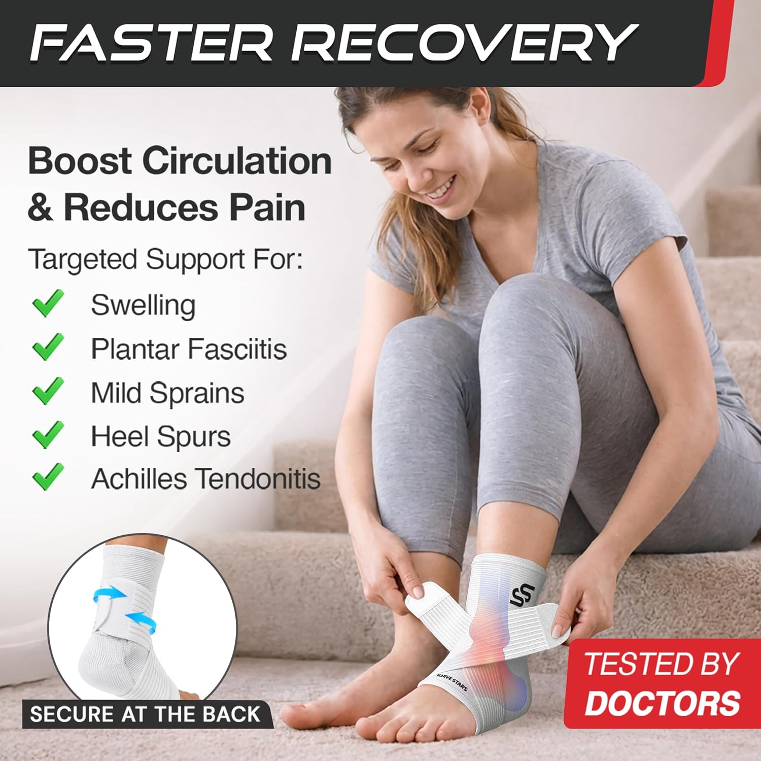 Thumbnail 1 de Sleeve Stars Ankle Brace with Removable Strap – Adjustable Compression for Sprains and Plantar Fasciitis (Pair, Medium: 10-12", White)