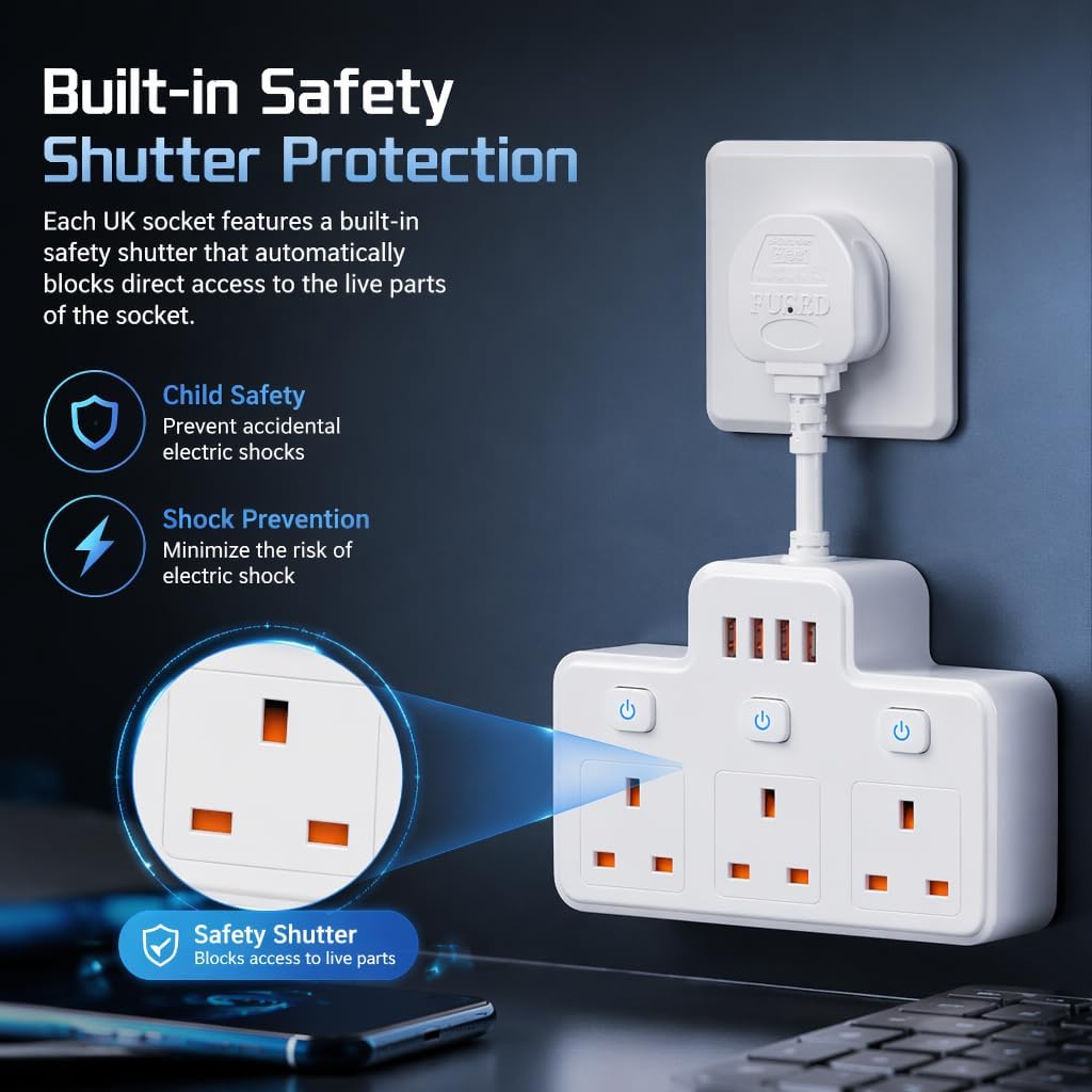 Detalle de Multi Plug Extension with Flexible Plug — 3 Way, USB & Individual Switches (White)