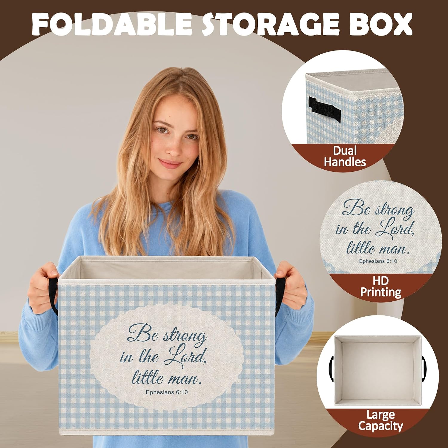 Detalle 1 de BCUANGD 1135 Christian Nursery Storage Bin, Blue Gingham, Foldable Polyester