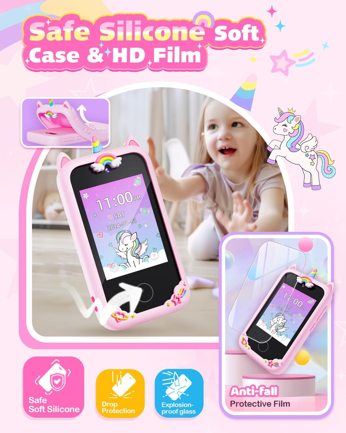 Thumbnail 5 de BAISIQI Kids Phone for Girls (Unicorn) – Dual Camera Toddler Phone Toy, Pink, for Ages 3–8