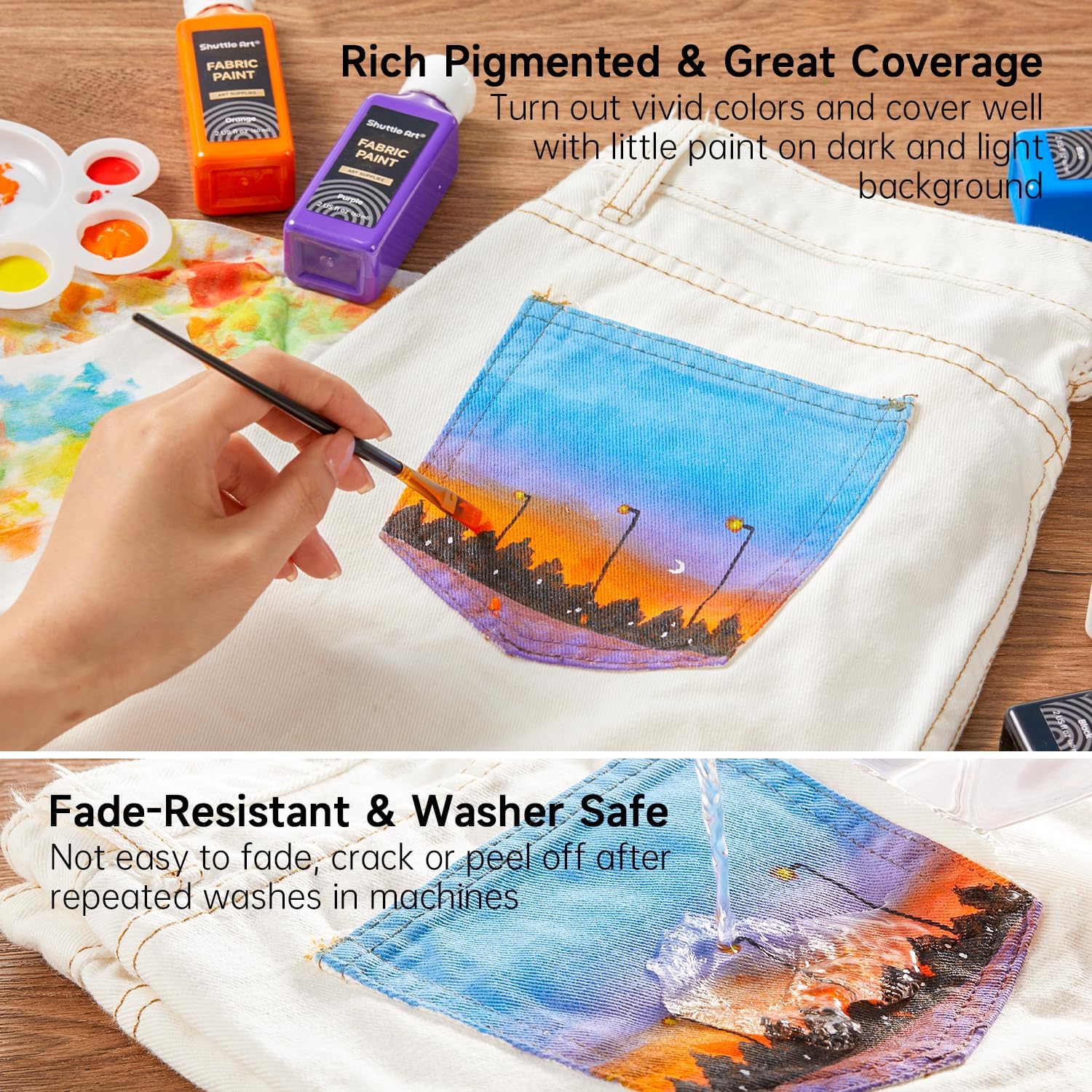 Thumbnail 2 de Shuttle Art Fabric Paint Permanent for Clothes – 18 Colour Set (60ml) with Brushes, Palette & Stencils