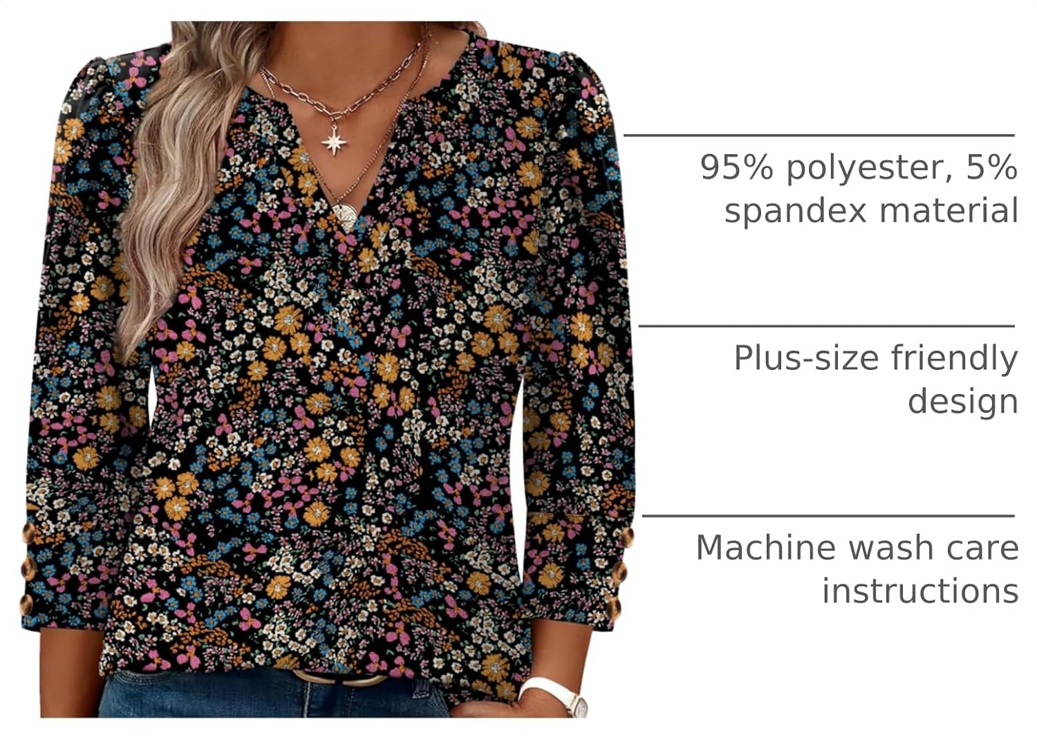Detalle 2 de WIHOLL 3/4 Length Sleeve V-Neck Blouse with Button Cuffs