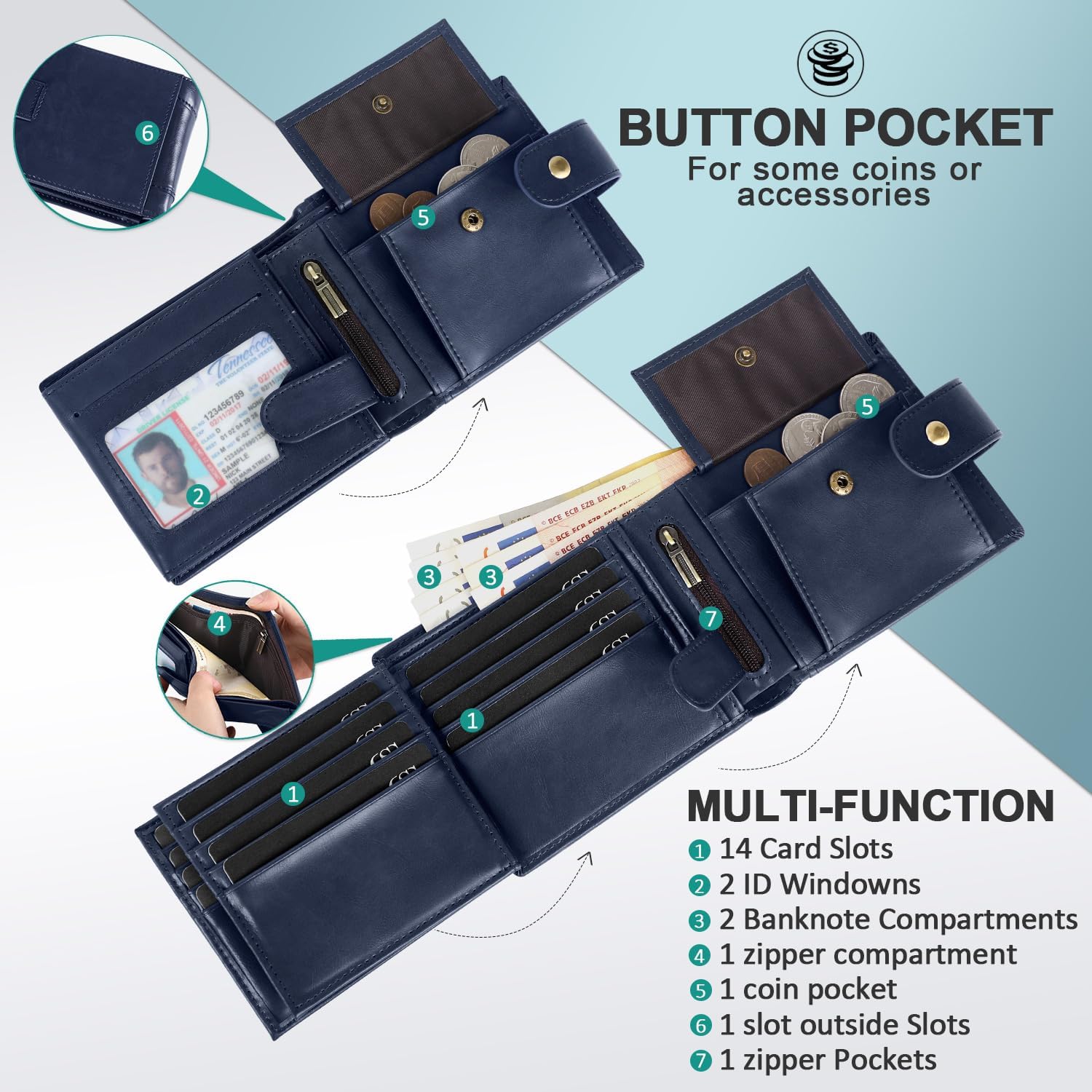 Thumbnail 1 de GSG SINCE 1998 Cowhide Leather Wallet with RFID Blocking, 17 Card Slots & Coin Pocket (Navy Blue)