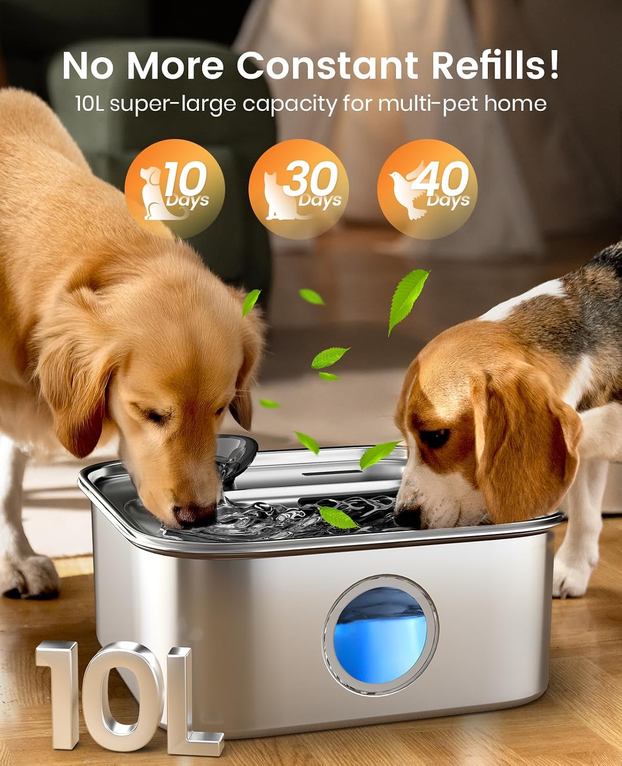 Detalle de oneisall 10L/2.6Gal Dog Water Fountain for Large Dogs (1 Filter) with Visualization Window and Triple Filtration