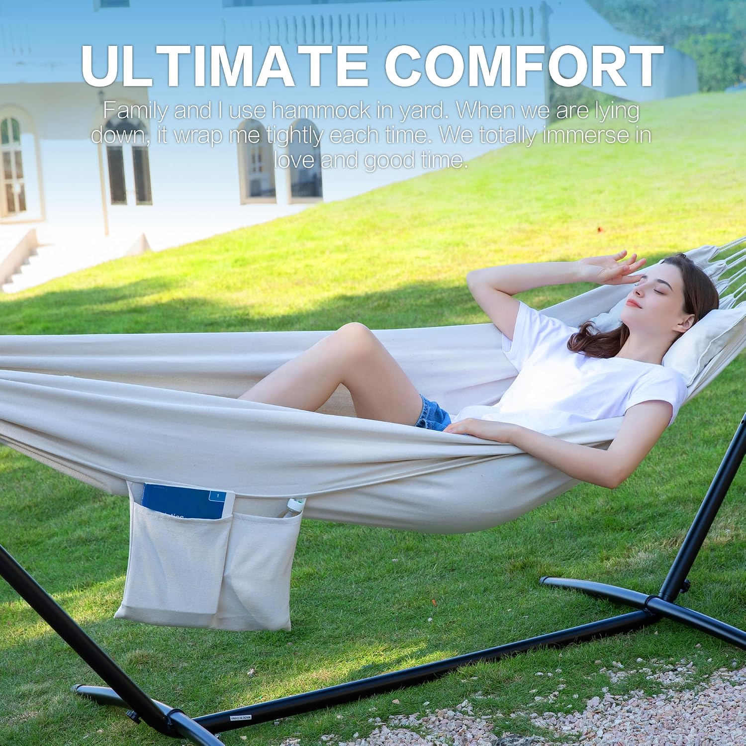 Detalle de PNAEUT A01YSB01008 Double Hammock with Steel Stand, Beige, 450 lb Capacity
