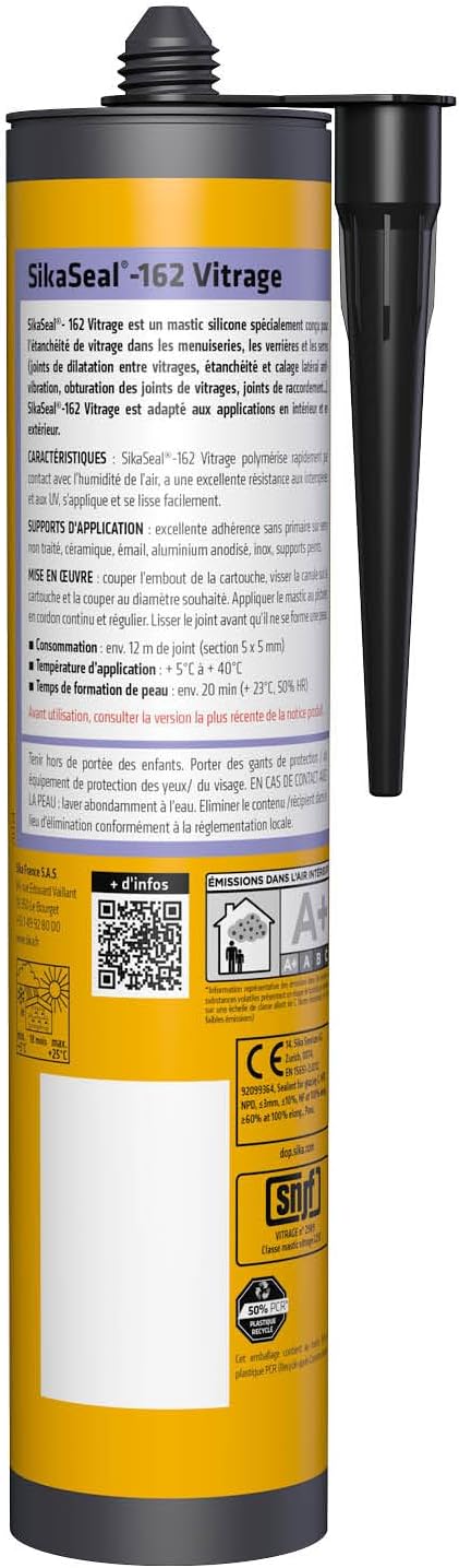 Thumbnail 1 de SikaSeal-162 Verre noir – Mastic silicone spécial verre pour vitrages, verrières et serres (300 ml)