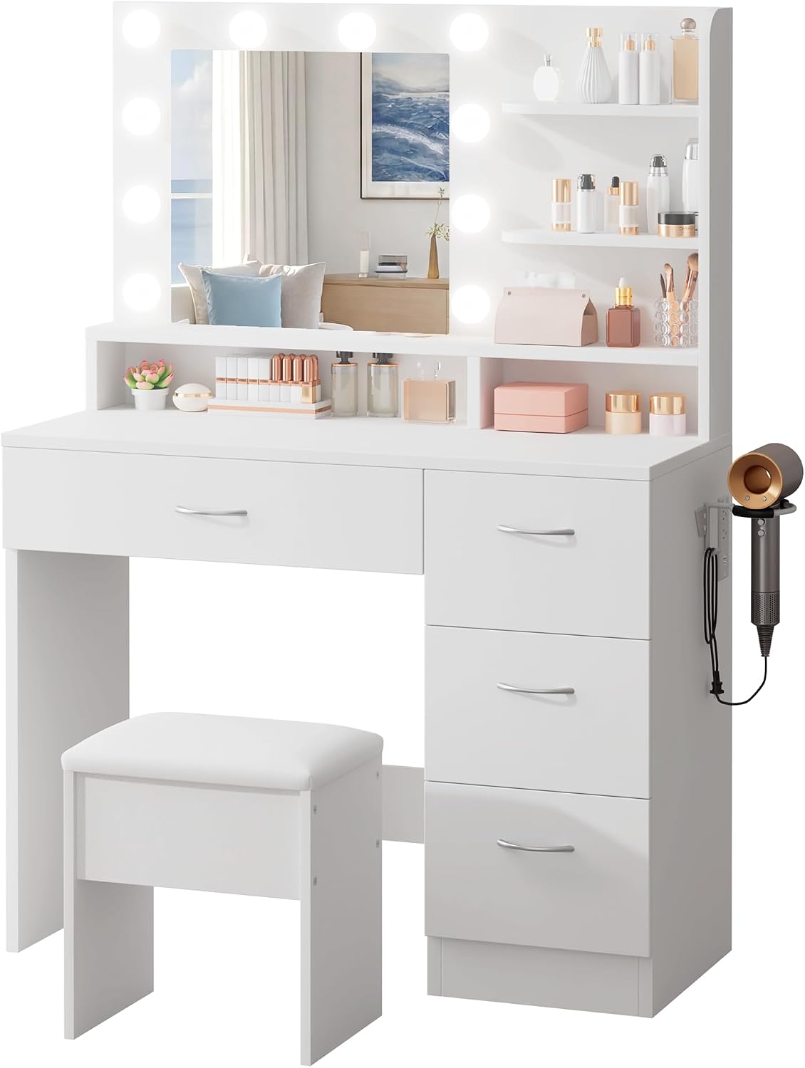 Detalle de LIVELYGLOW RXUS-NDZK-White Makeup Vanity Desk with 10 LED Bulbs and 4 Drawers