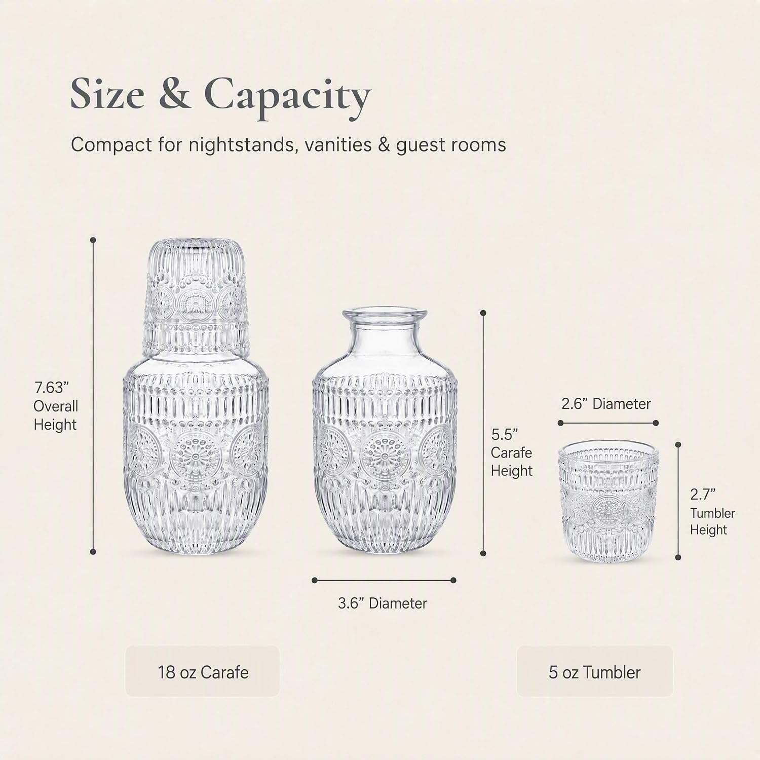 Detalle de Kingrol Vintage Bedside Glass Carafe Set, 18 oz with 5 oz Covering Tumblers