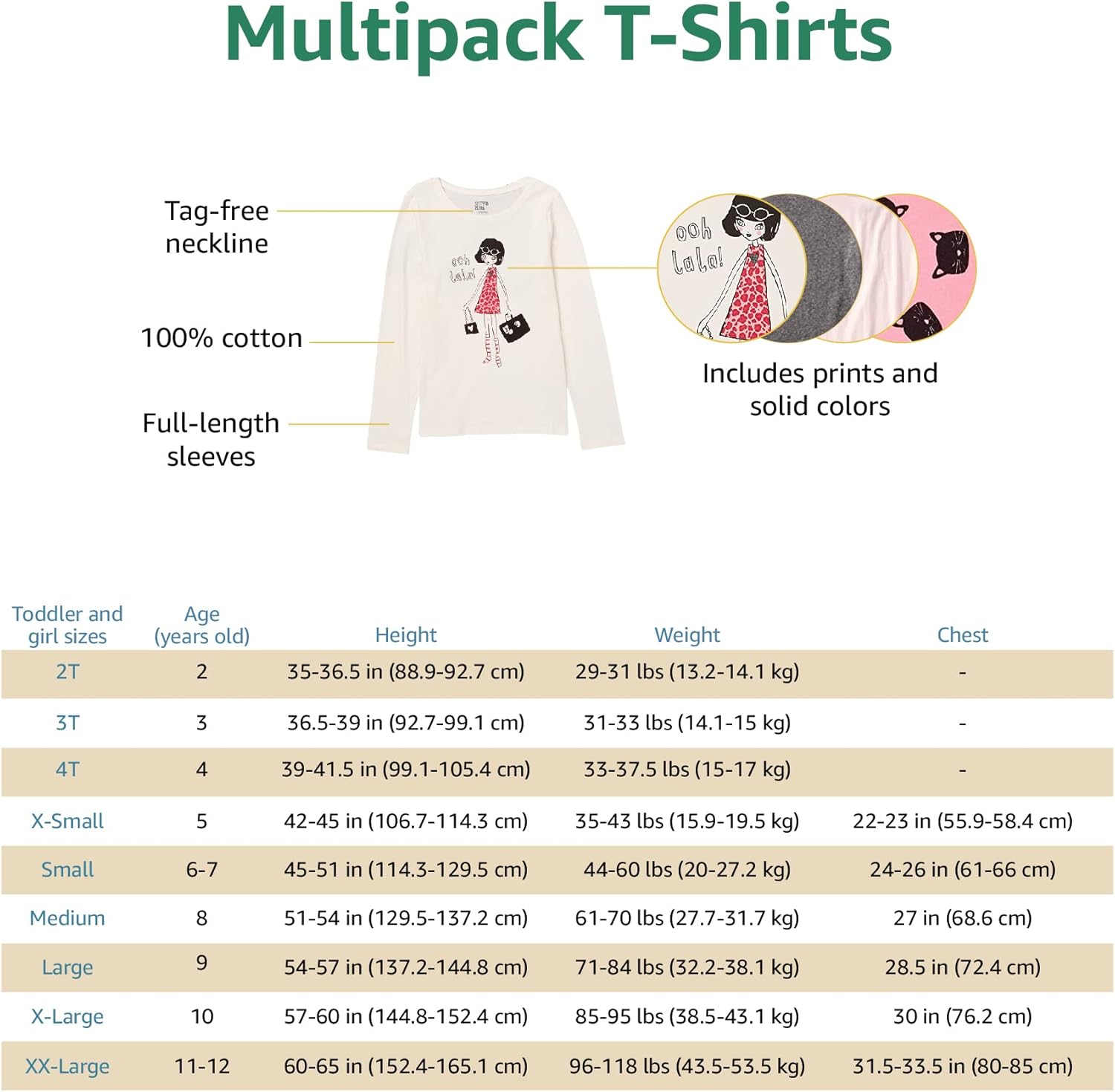 Detalle 2 de Amazon Essentials Girls and Toddlers' Long-Sleeved T-Shirt Tops (Previously Spotted Zebra) Multipacks